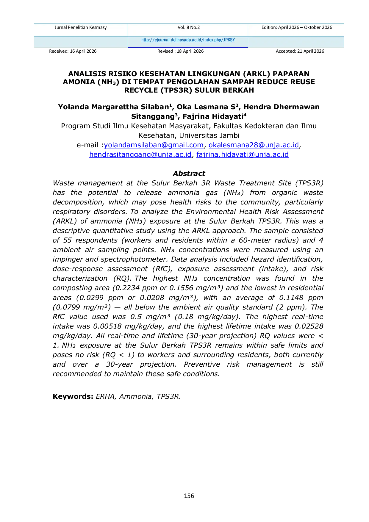 JURIS Analysis of Environmental Health Risk ARKL Exposure to Ammonia NH3 at the Reduce Reuse Recycle TPS3R Sulur Berkah Waste Treatment Site