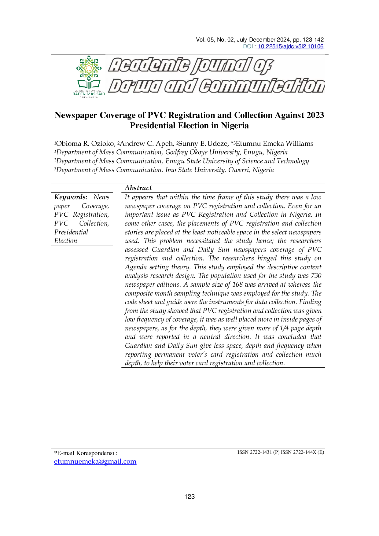 JURIS Newspaper Coverage of PVC Registration and Collection Against 2023 Presidential Election in Nigeria