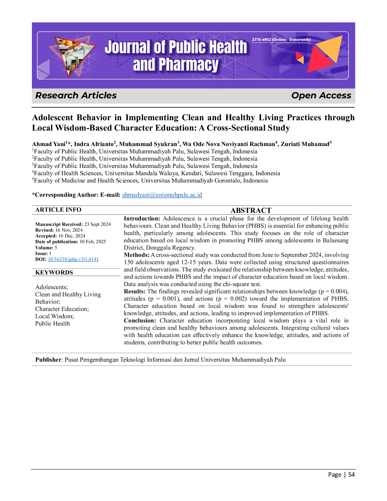 JURIS Adolescent Behavior in Implementing Clean and Healthy Living Practices through Local Wisdom Based Character Education A Cross Sectional Study