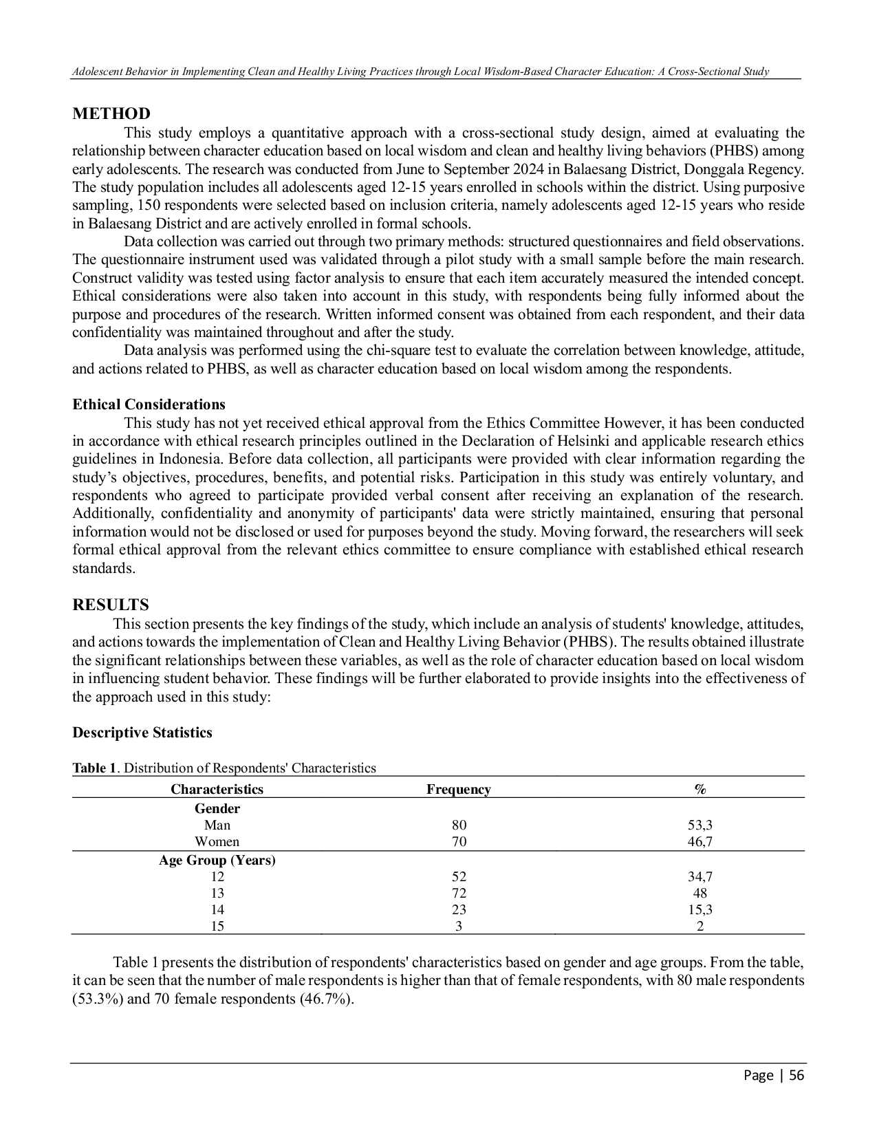 JURIS Adolescent Behavior in Implementing Clean and Healthy Living Practices through Local Wisdom Based Character Education A Cross Sectional Study