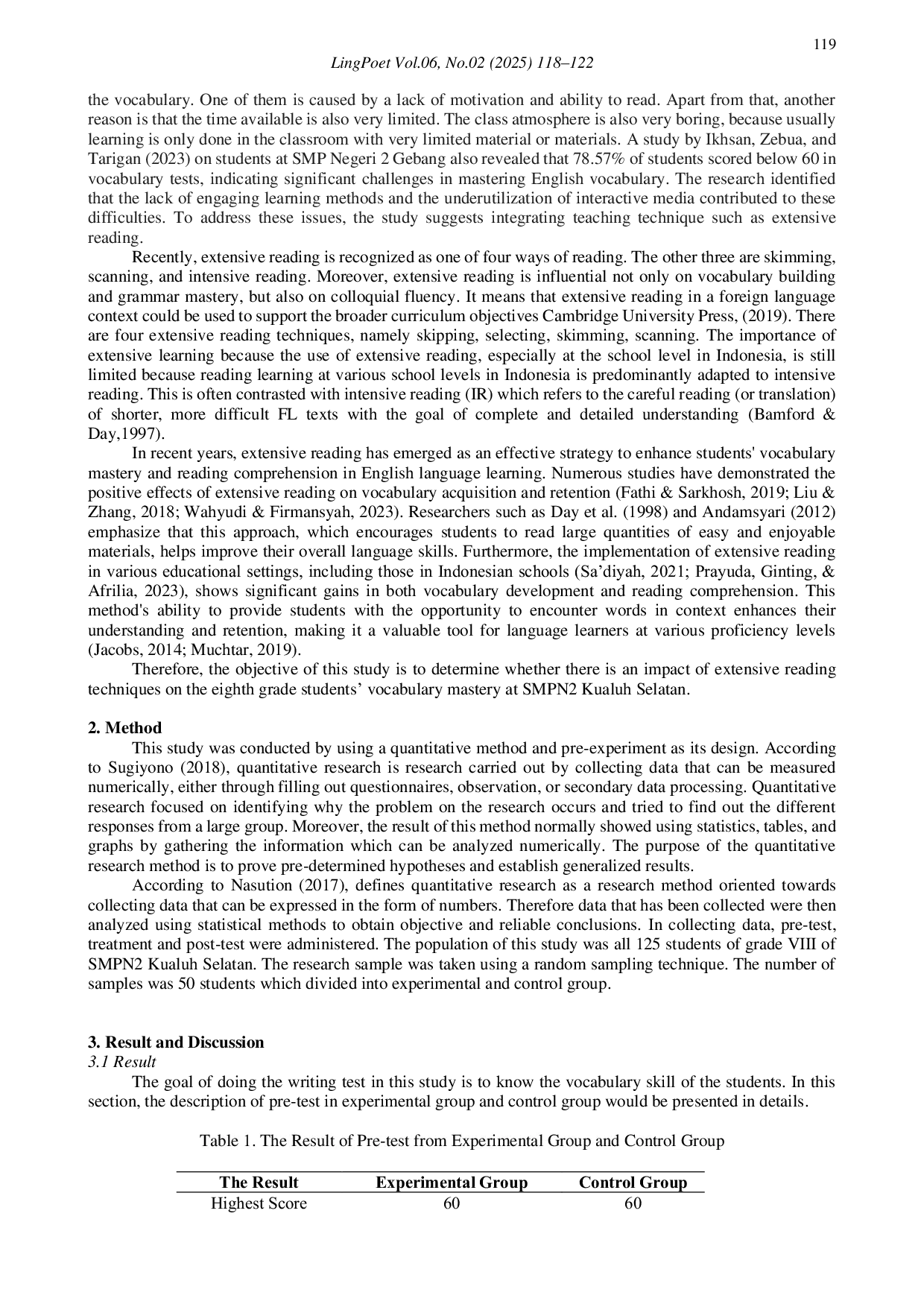 JURIS The Impact of Extensive Reading Technique on The Student s Vocabulary Mastery at The Eight Grade Of SMPN2 Kualuh Selatan