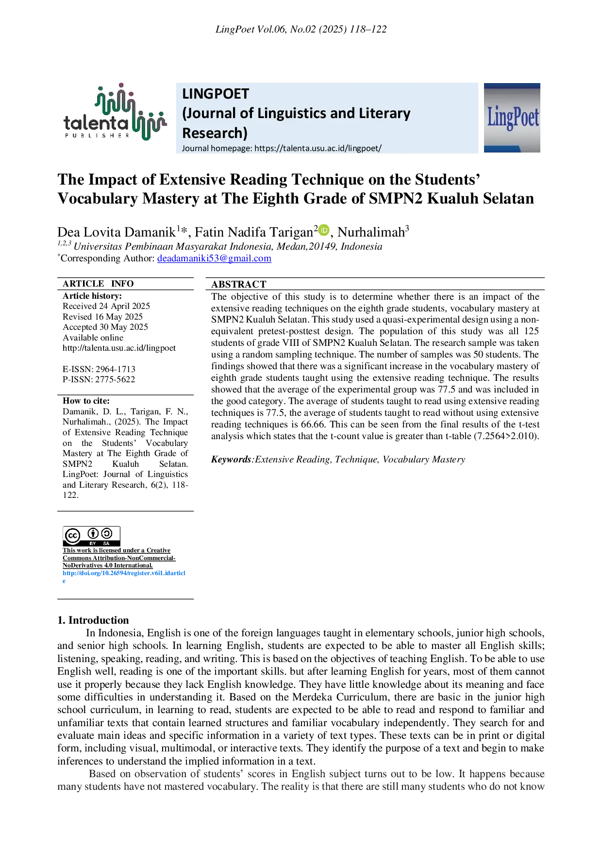 JURIS The Impact of Extensive Reading Technique on The Student s Vocabulary Mastery at The Eight Grade Of SMPN2 Kualuh Selatan