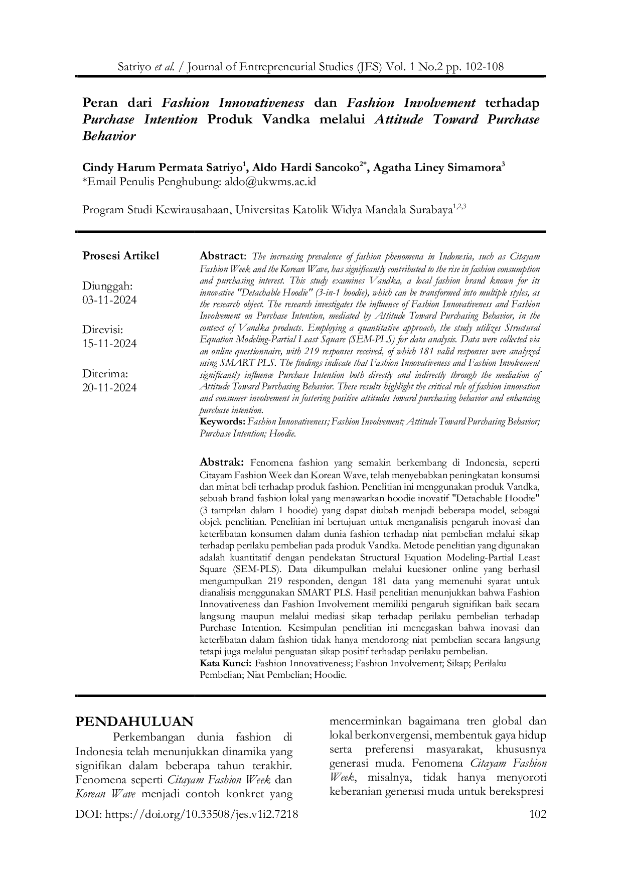 JURIS Peran dari Fashion Innovativeness dan Fashion Involvement terhadap Purchase Intention Produk Vandka melalui Attitude Toward Purchase Behavior