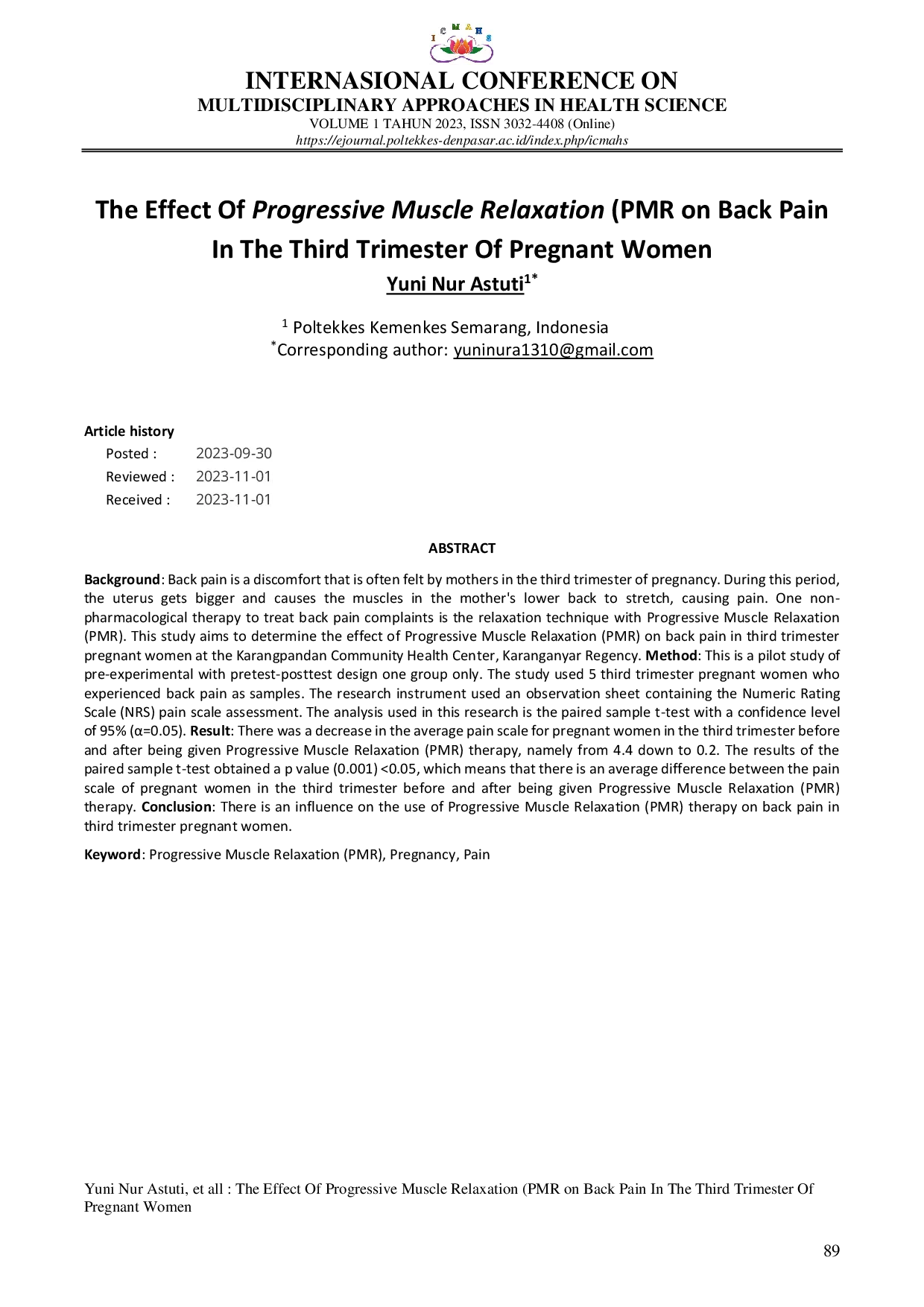 JURIS The Effect Of Progressive Muscle Relaxation PMR On Back Pain In The Third Trimester Of Pregnant Women