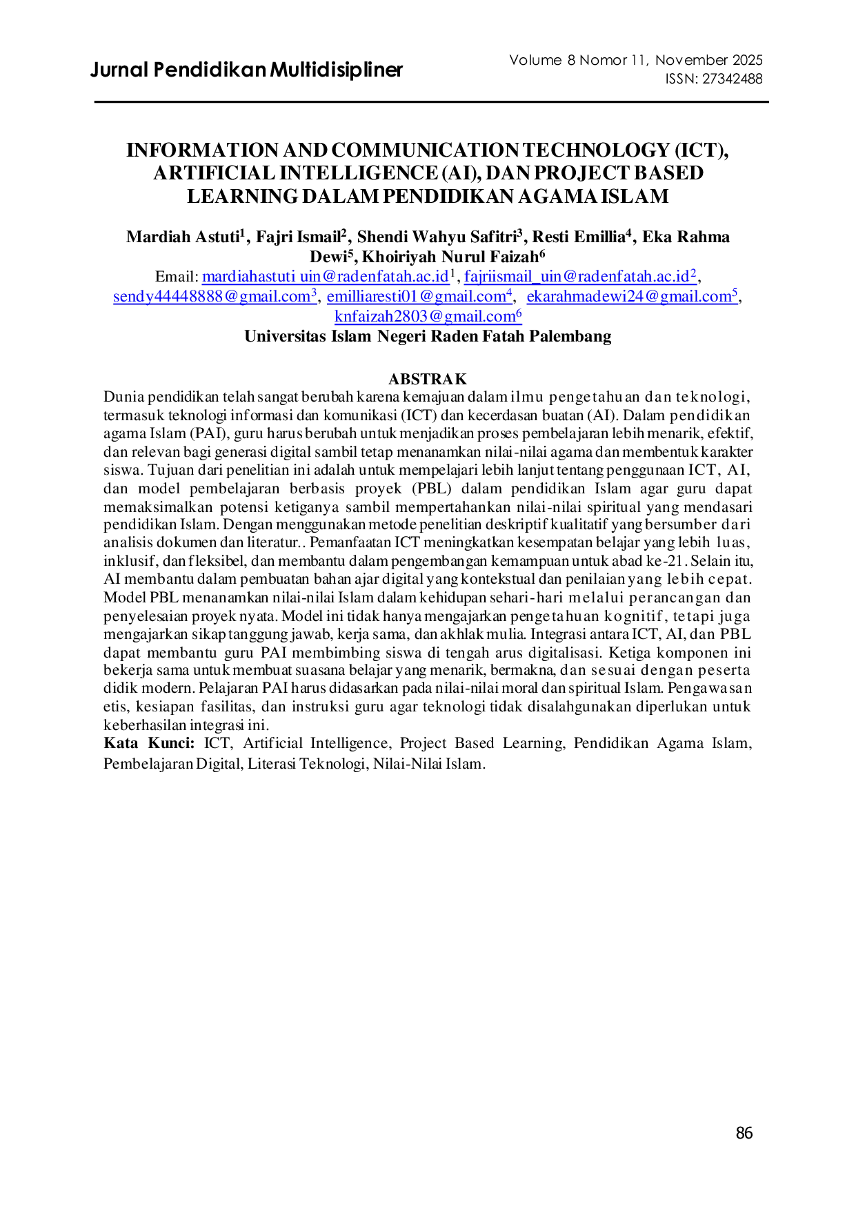 JURIS Information And Communication Technology Ict Artificial Intelligence Ai Dan Project Based Learning Dalam Pendidikan Agama Islam