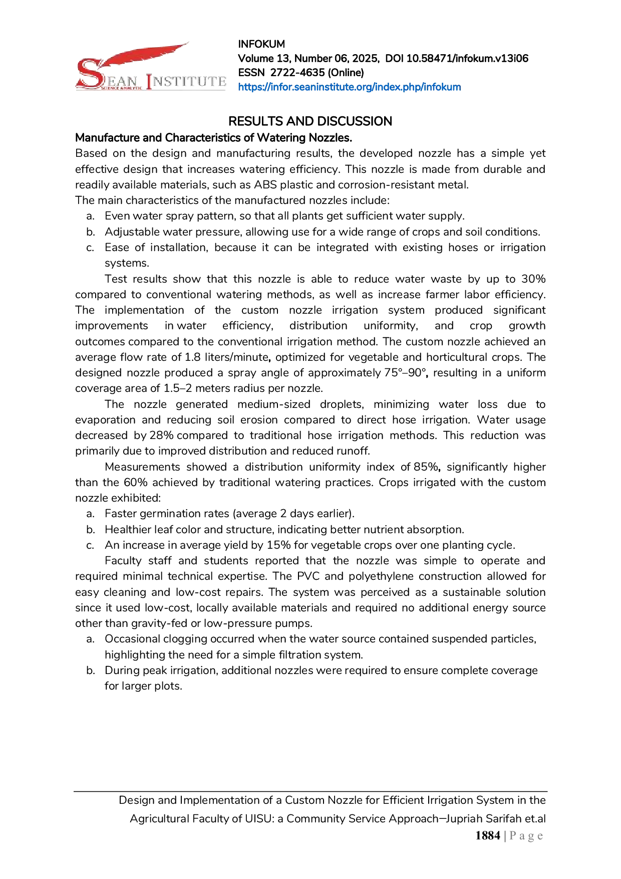 JURIS Design and Implementation of a Custom Nozzle for Efficient Irrigation System in the Agricultural Faculty of UISU a Community Service Approach