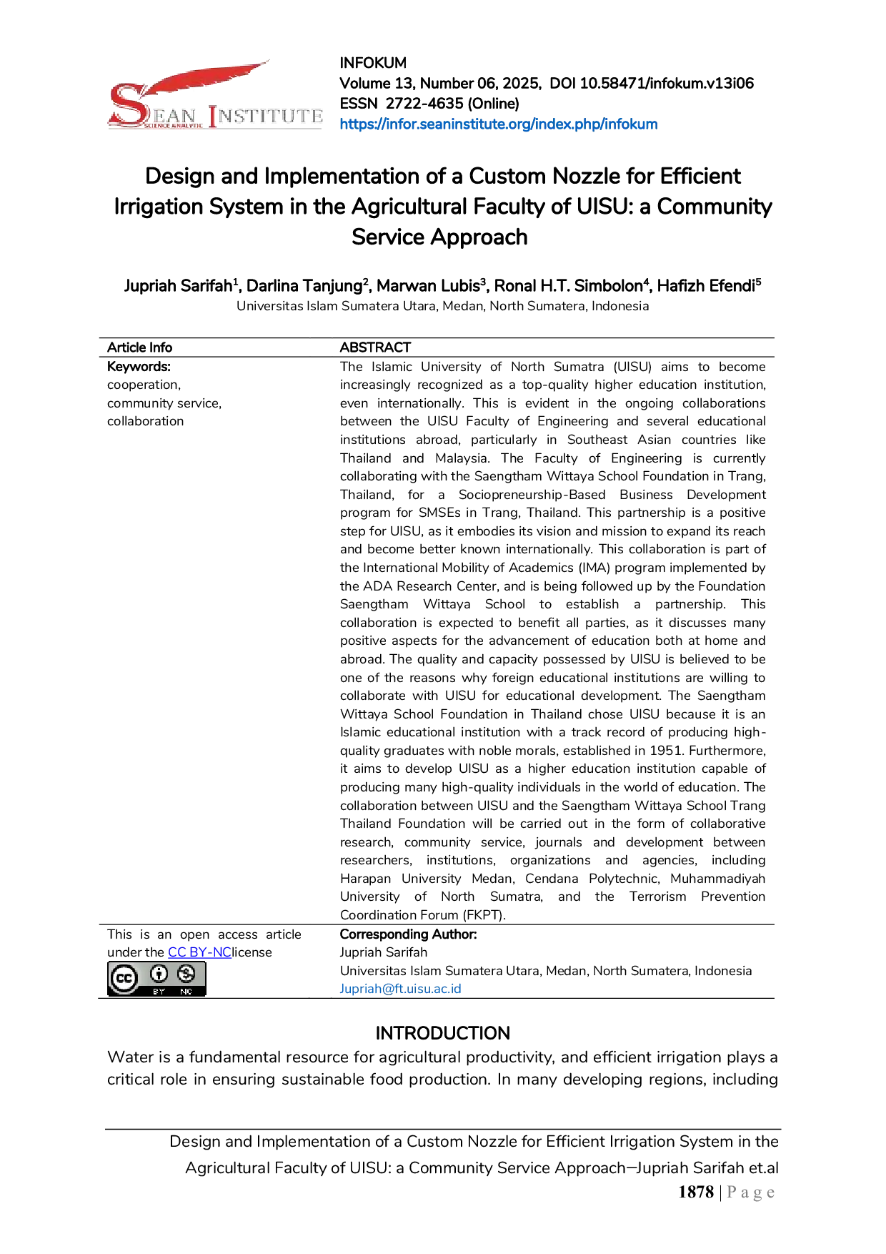JURIS Design and Implementation of a Custom Nozzle for Efficient Irrigation System in the Agricultural Faculty of UISU a Community Service Approach