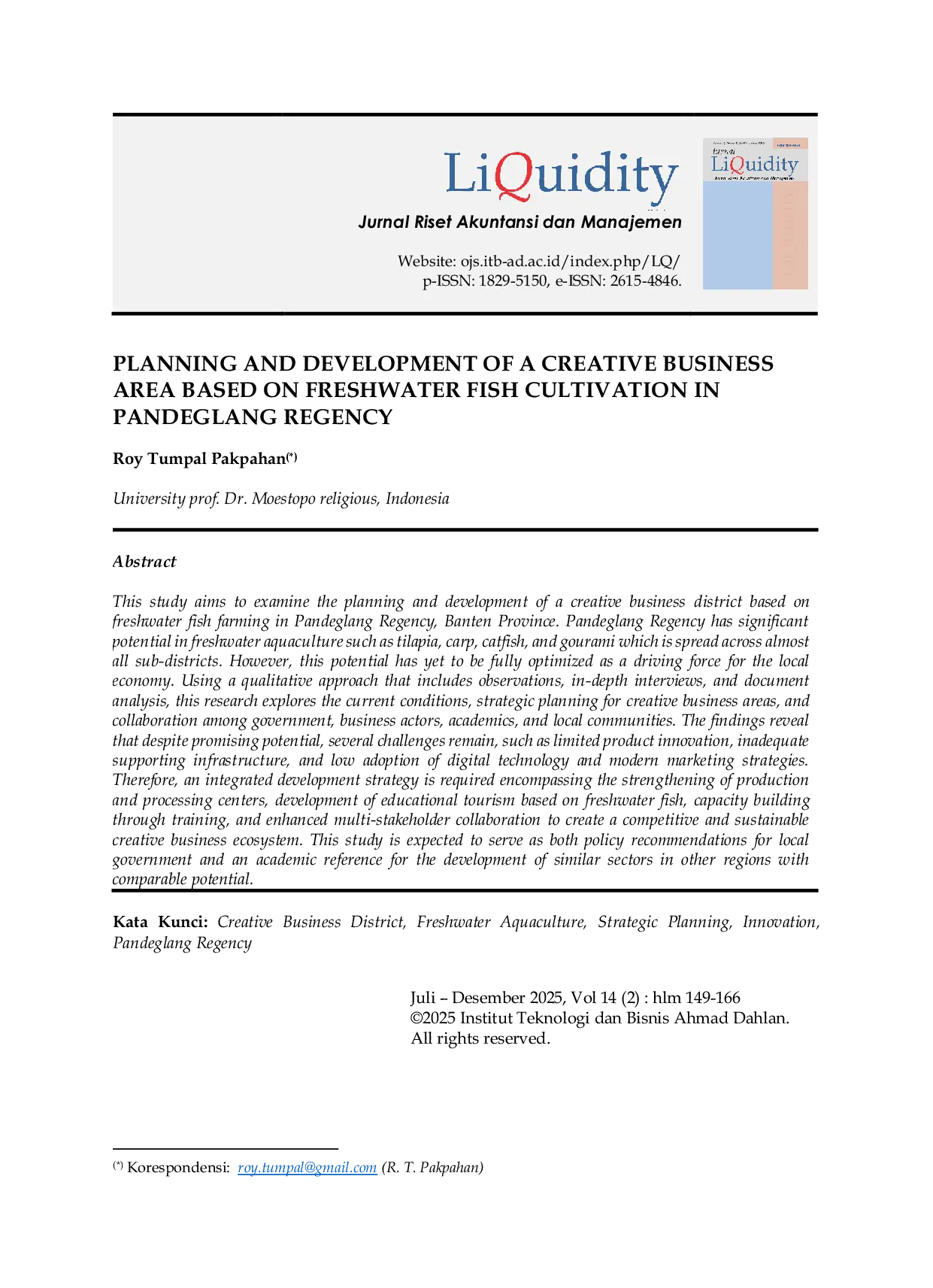 JURIS Planning and Development af a Creative Business Area Based on Freshwater Fish Cultivation in Pandeglang Regency