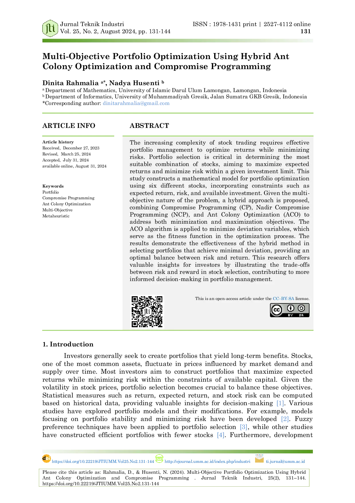 JURIS Multi Objective Portfolio Optimization Using Hybrid Ant Colony Optimization and Compromise Programming
