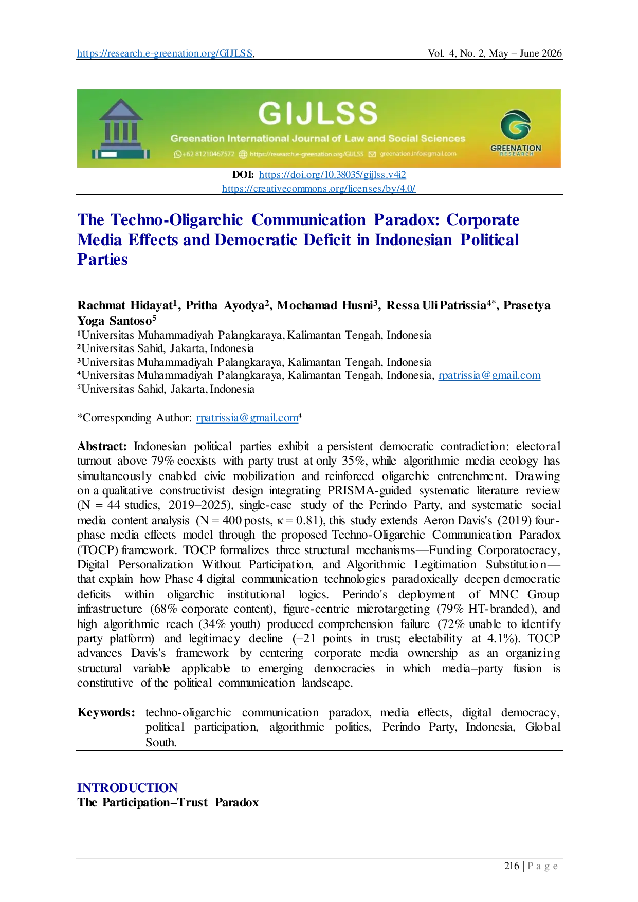 JURIS The Techno Oligarchic Communication Paradox Corporate Media Effects and Democratic Deficit in Indonesian Political Parties