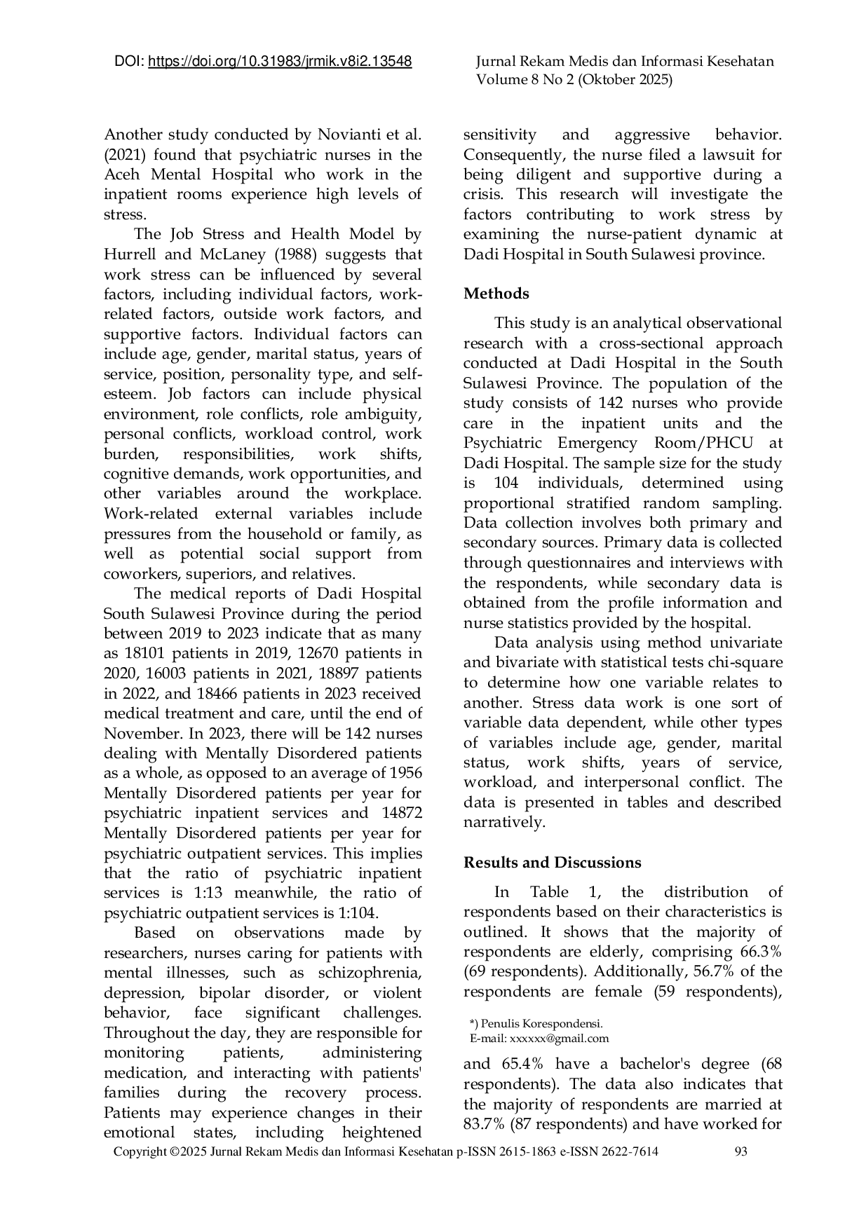 JURIS Faktor yang Berhubungan dengan Stres Kerja pada Perawat Pasien Jiwa di Rumah Sakit Khusus Daerah Dadi Provinsi Sulawesi Selatan