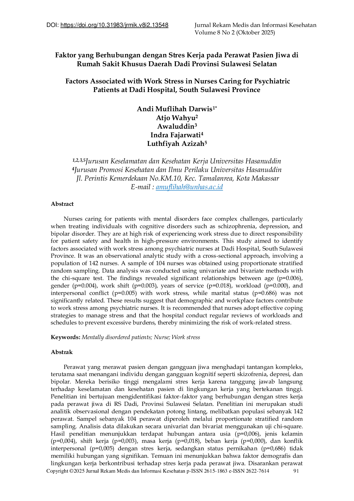 JURIS Faktor yang Berhubungan dengan Stres Kerja pada Perawat Pasien Jiwa di Rumah Sakit Khusus Daerah Dadi Provinsi Sulawesi Selatan