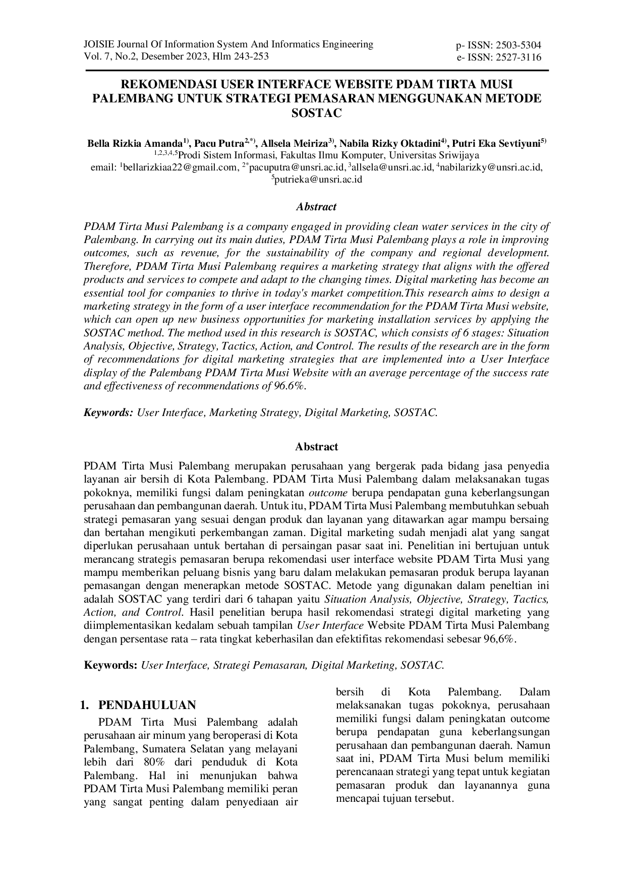 JURIS Rekomendasi User Interface Website PDAM Tirta Musi Palembang Untuk Strategi Pemasaran Menggunakan Metode SOSTAC