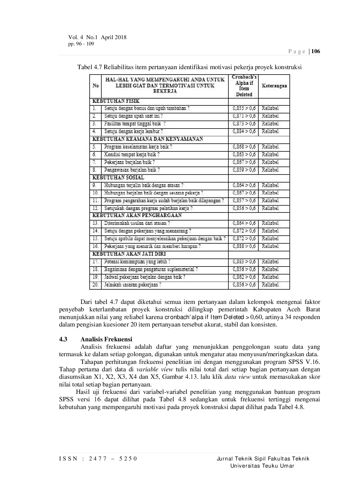 JURIS Identifikasi Motivasi Pekerja Pada Proyek Konstruksi Di Kabupaten Aceh Barat