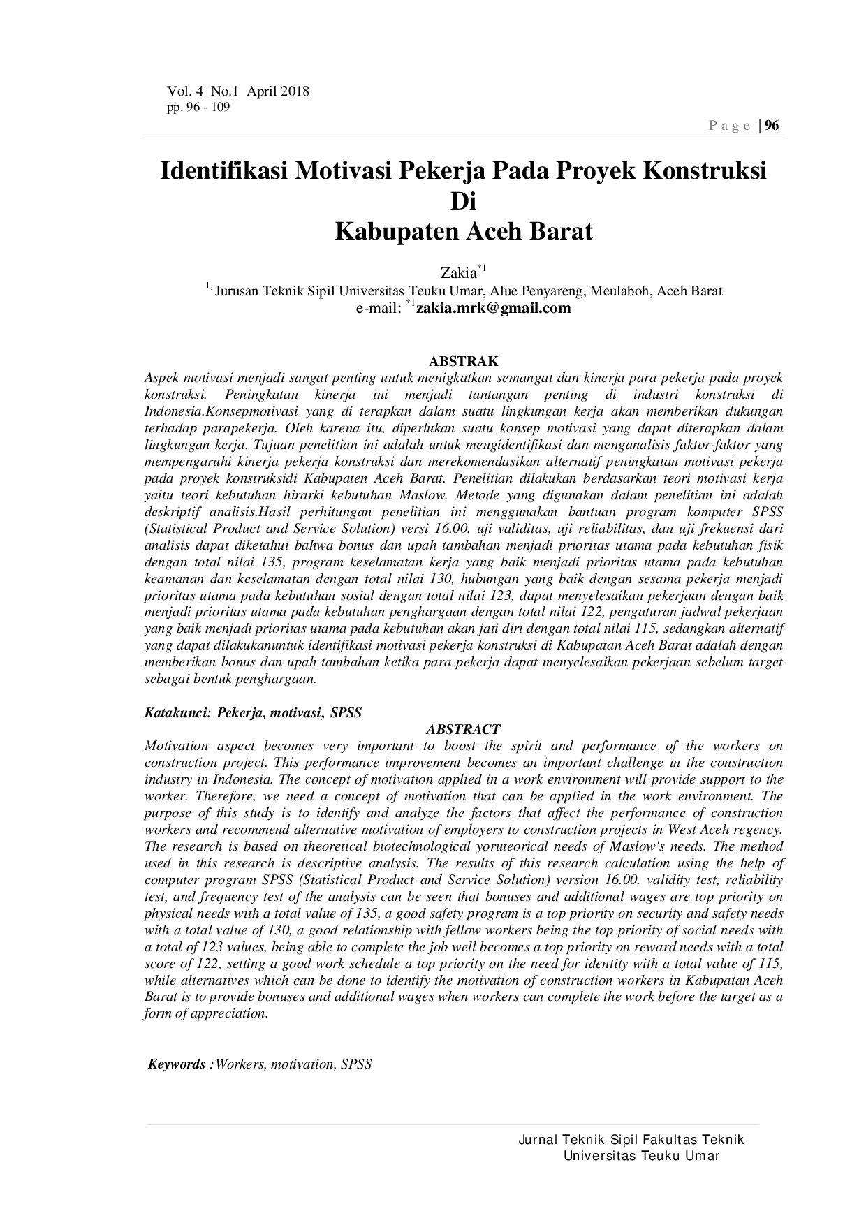 JURIS Identifikasi Motivasi Pekerja Pada Proyek Konstruksi Di Kabupaten Aceh Barat