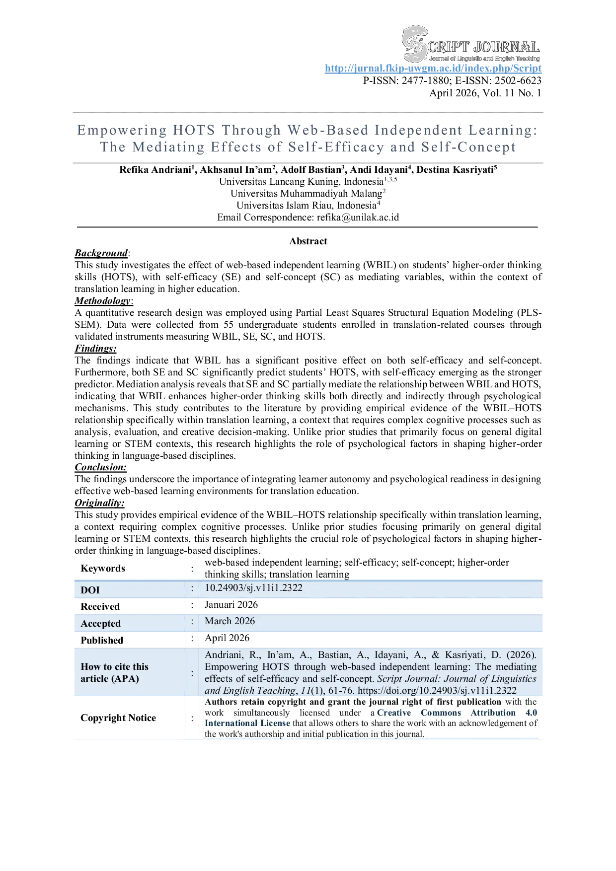 JURIS Empowering HOTS Through Web Based Independent Learning The Mediating Effects of Self Efficacy and Self Concept