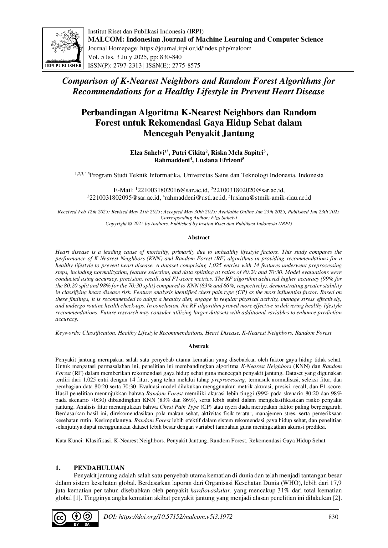 juris Perbandingan Algoritma K Nearest Neighbors dan Random Forest untuk Rekomendasi Gaya Hidup Sehat dalam Mencegah Penyakit Jantung