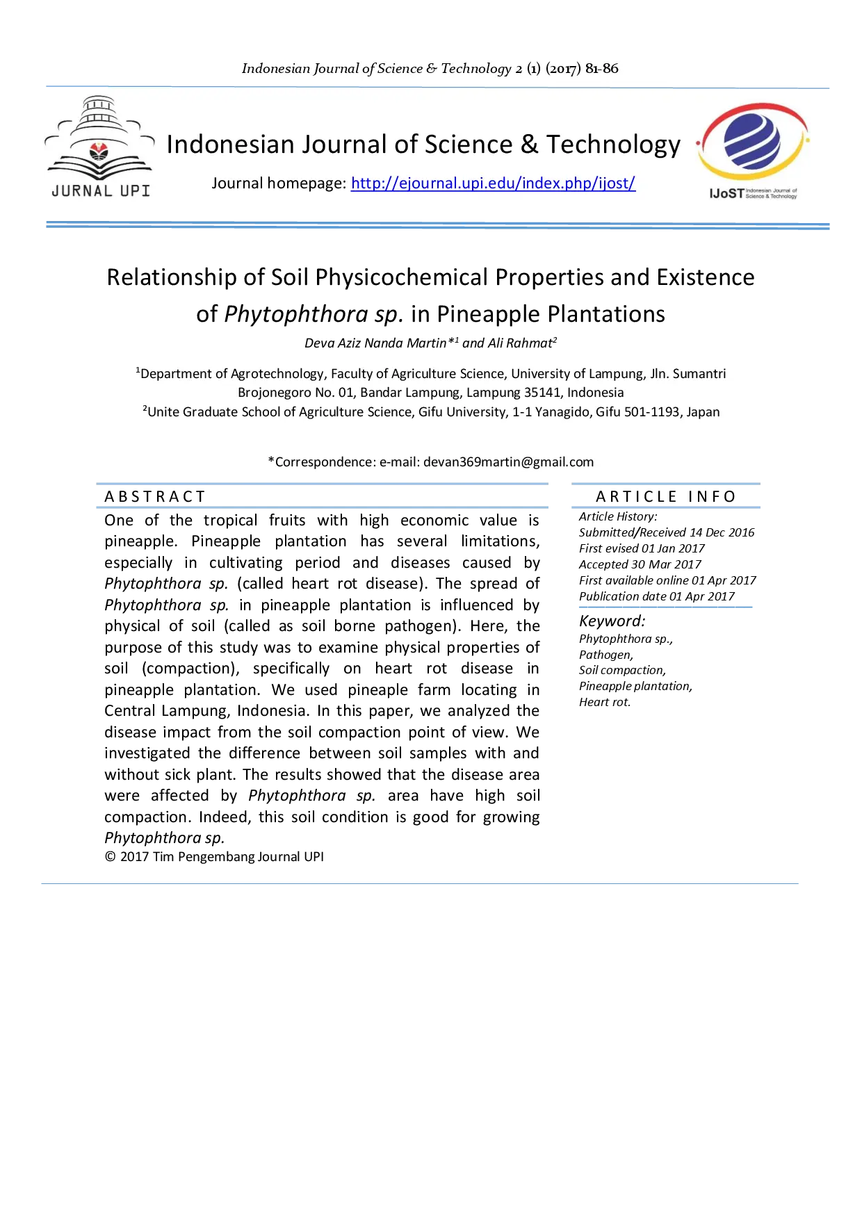 juris Relationship of Soil Physicochemical Properties and Existence of Phytophthora sp in Pineapple Plantations