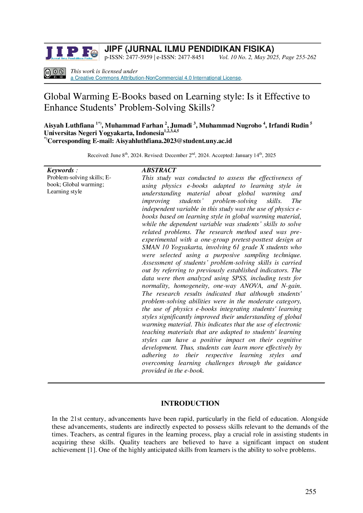 JURIS Global Warming E Books based on Learning style Is it Effective to Enhance Students Problem Solving Skills