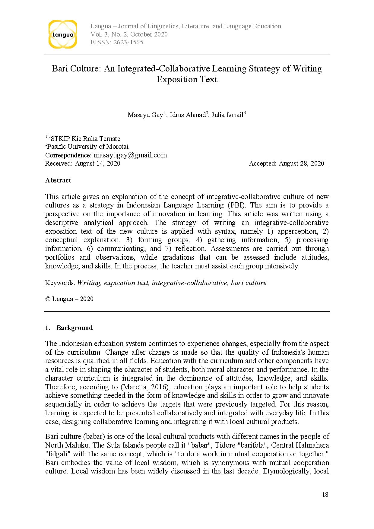 juris Bari Culture An Integrated Collaborative Learning Strategy of Writing Exposition Text