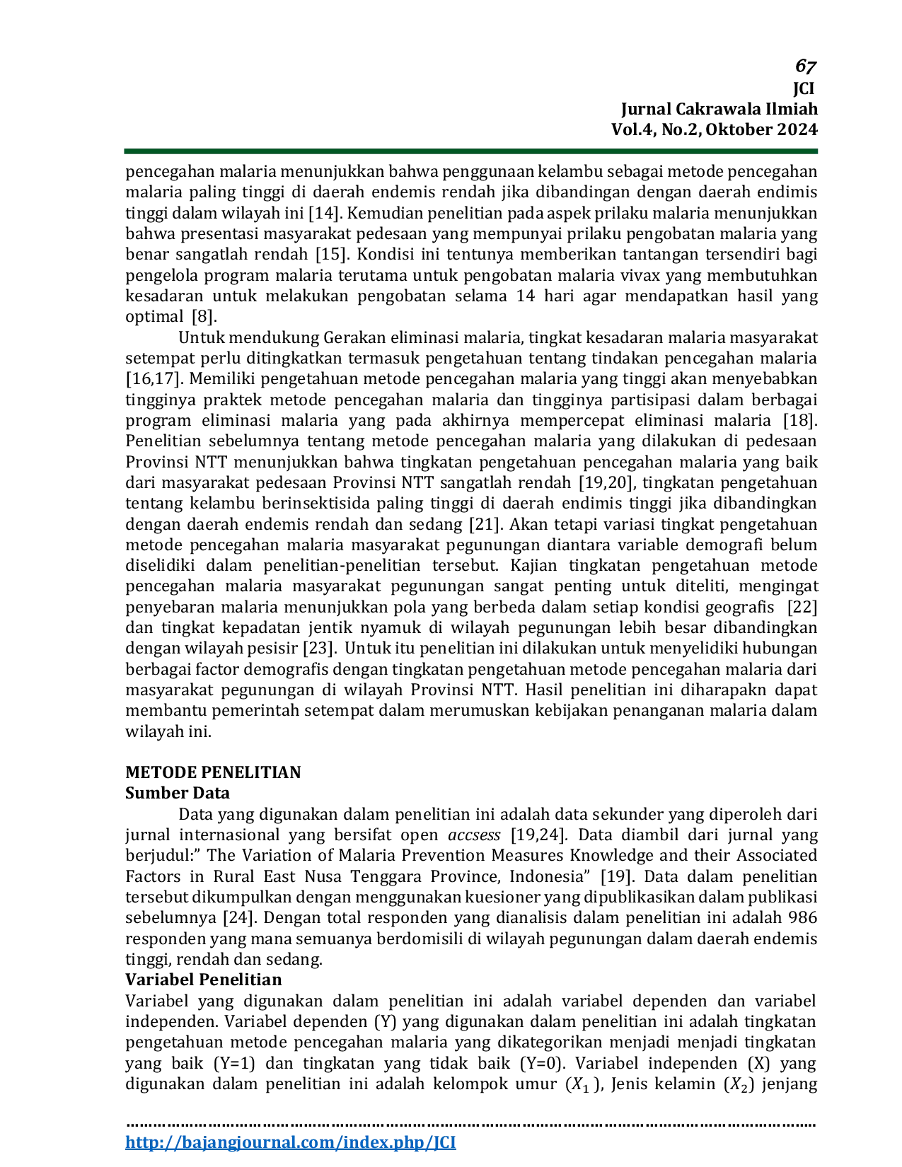 JURIS Hubungan Faktor Demografis dengan Pengetahuan Metode Pencegahan Malaria Masyarakat Pegunungan di Provinsi NTT