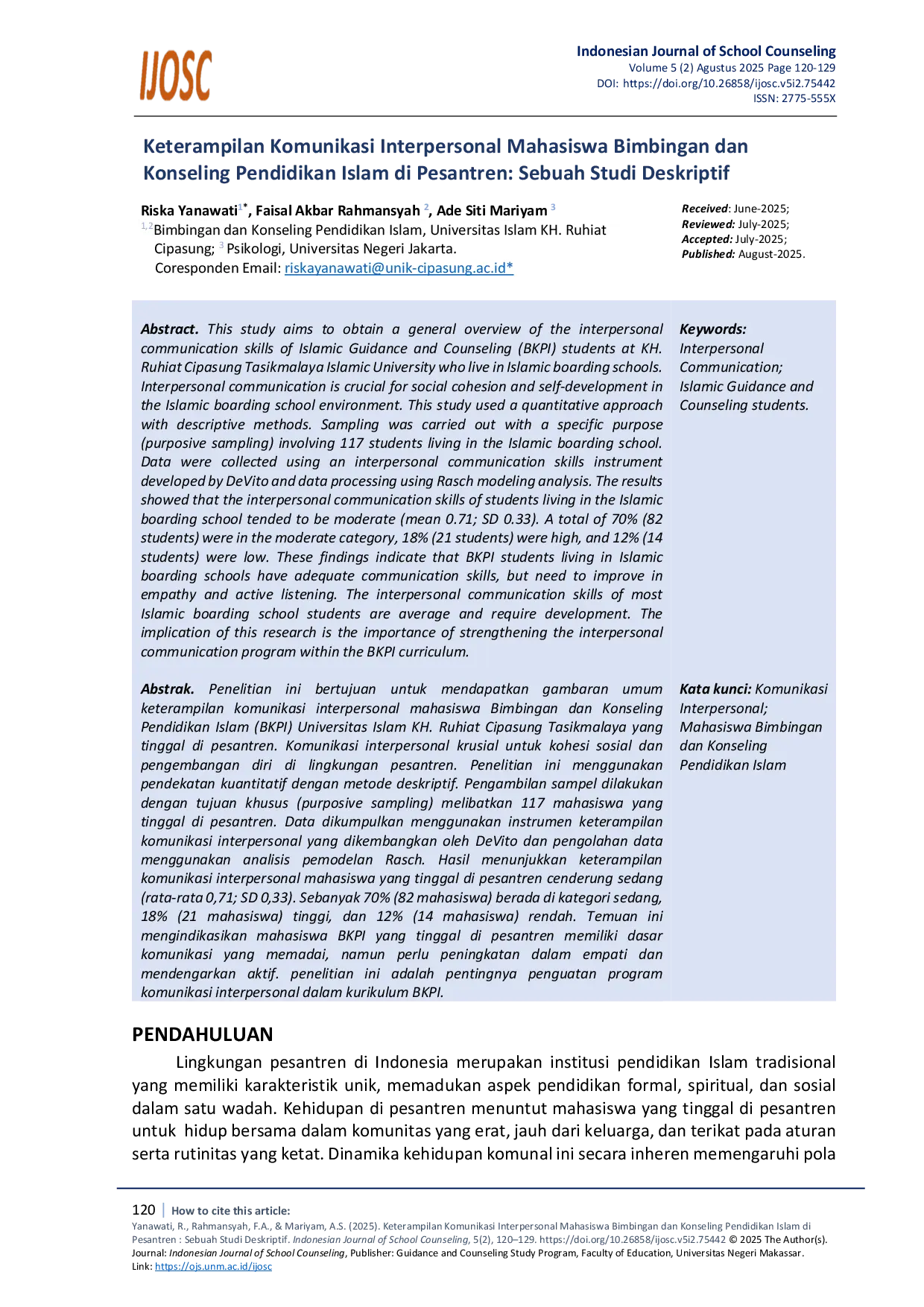 JURIS Keterampilan Komunikasi Interpersonal Mahasiswa Bimbingan dan Konseling Pendidikan Islam yang Tinggal di Pesantren Sebuah Studi Deskriptif