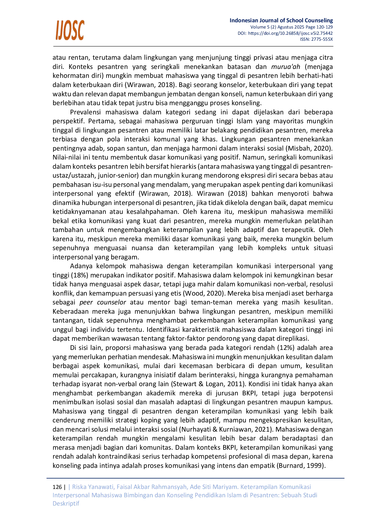 JURIS Keterampilan Komunikasi Interpersonal Mahasiswa Bimbingan dan Konseling Pendidikan Islam yang Tinggal di Pesantren Sebuah Studi Deskriptif