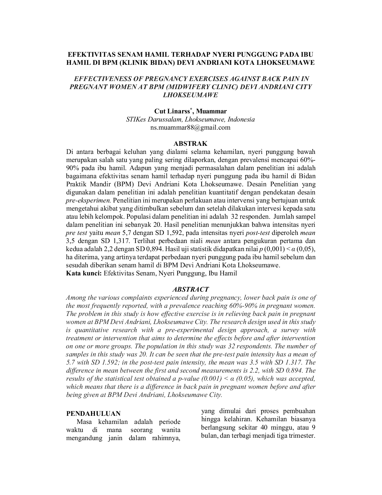 JURIS Efektivitas Senam Hamil Terhadap Nyeri Punggung Pada Ibu Hamil Di Bpm Klinik Bidan Devi Andriani Kota Lhokseumawe