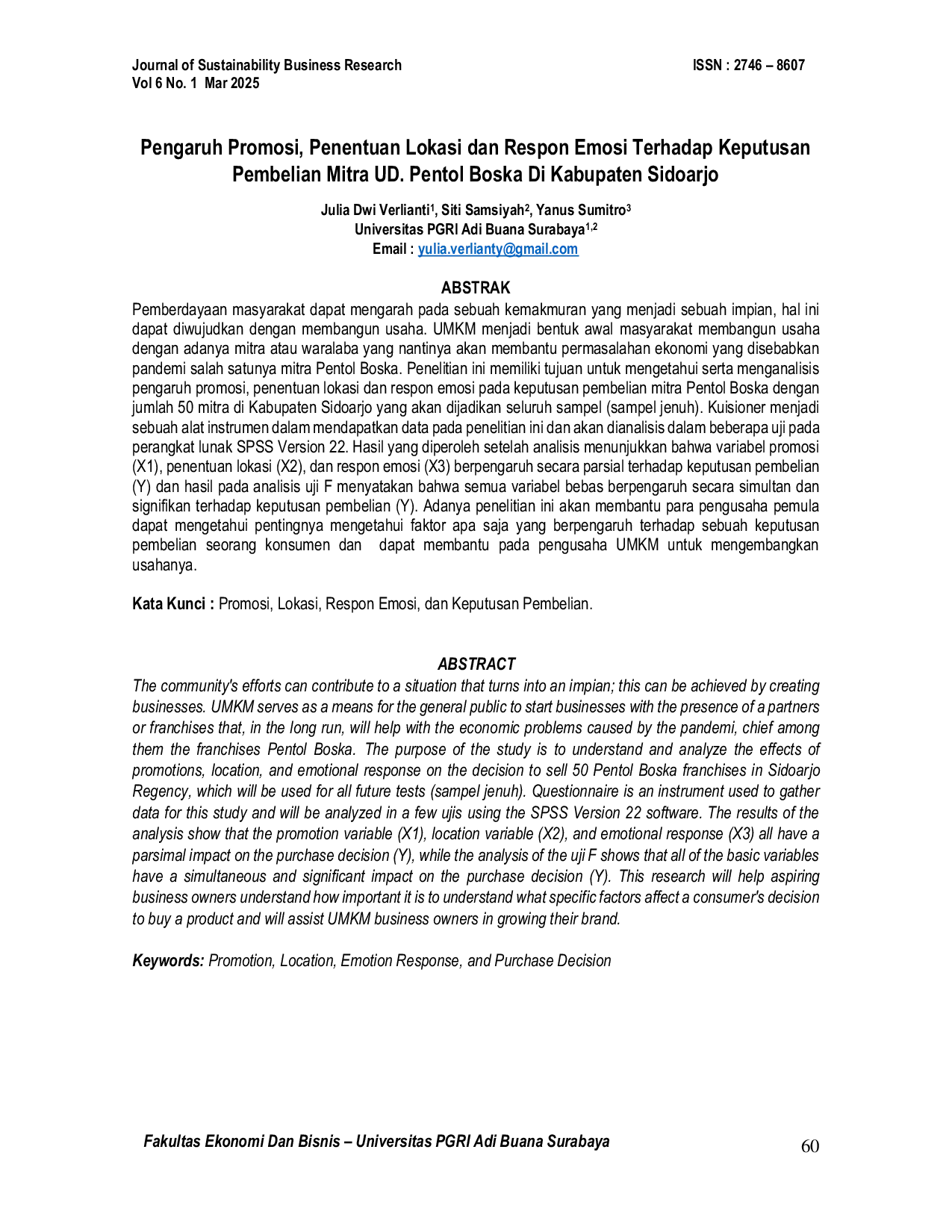 JURIS Pengaruh Promosi Penentuan Lokasi dan Respon Emosi Terhadap Keputusan Pembelian Mitra UD Pentol Boska Di Kabupaten Sidoarjo