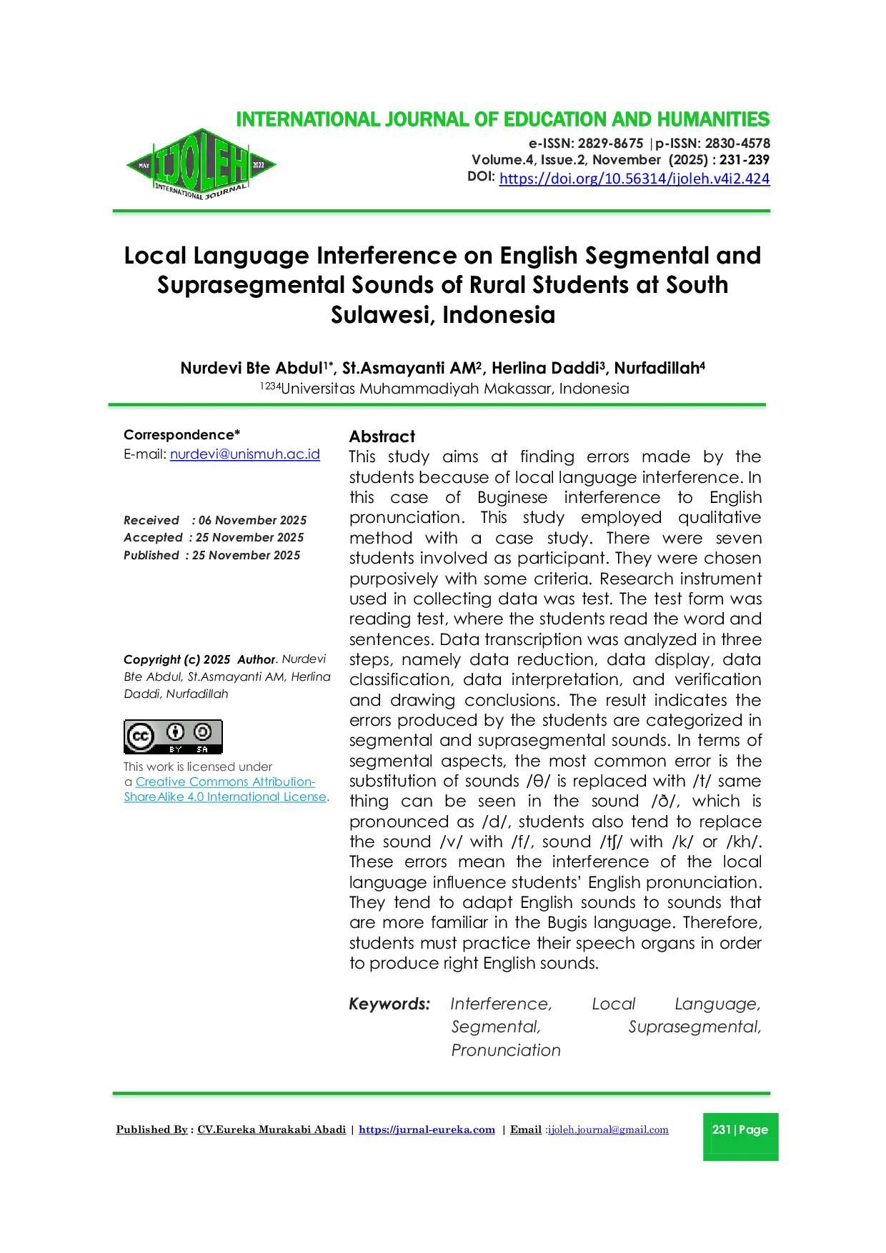 JURIS Local Language Interference on English Segmental and Suprasegmental Sounds of Rural Students at South Sulawesi Indonesia