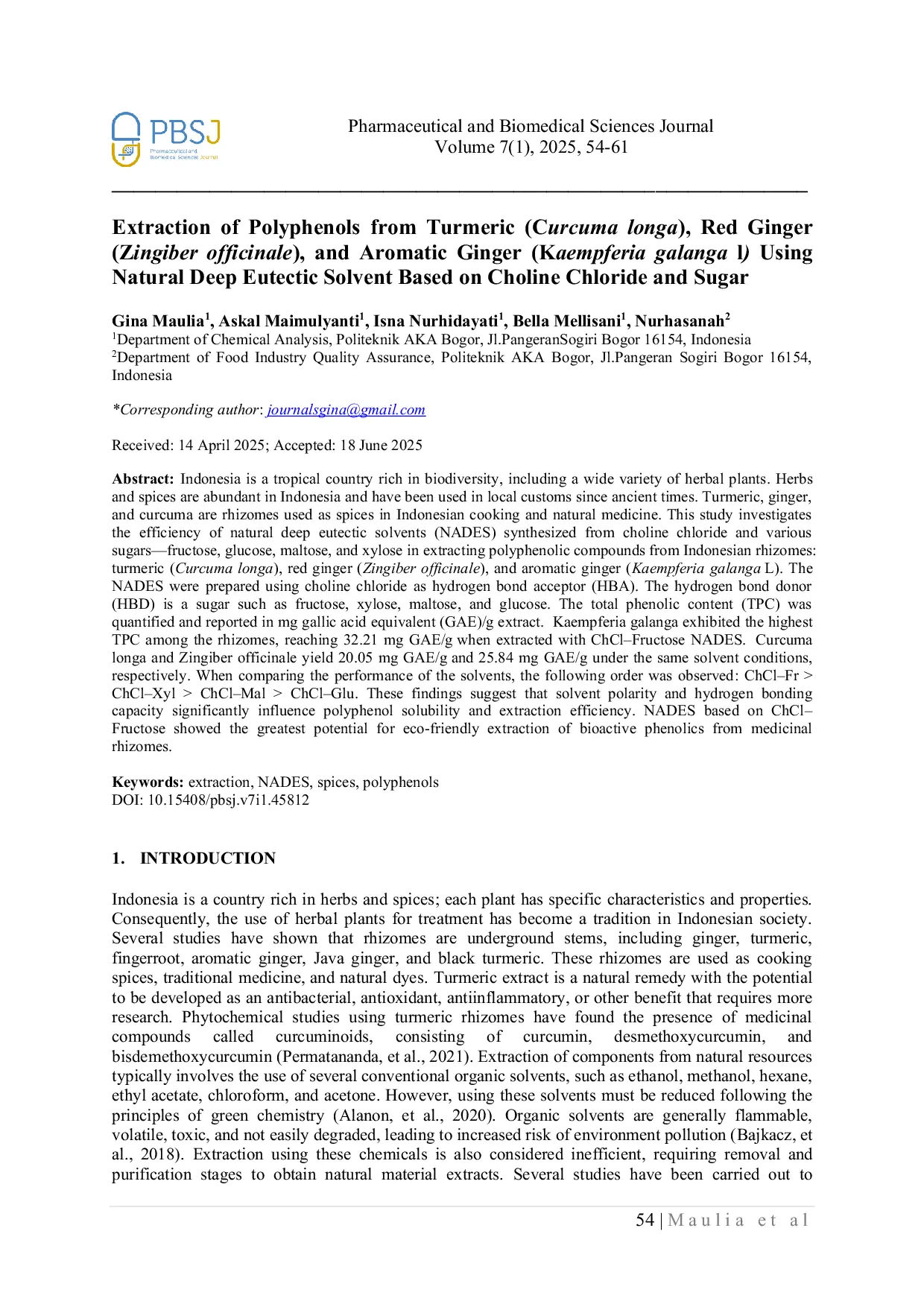JURIS Extraction of Polyphenol From Turmeric Curcuma longa Red Ginger Zingiber officinale and Aromatic Ginger Kaempfeiria galanga l Using Natural Deep Eutectic Solvent Based On Choline Chloride and