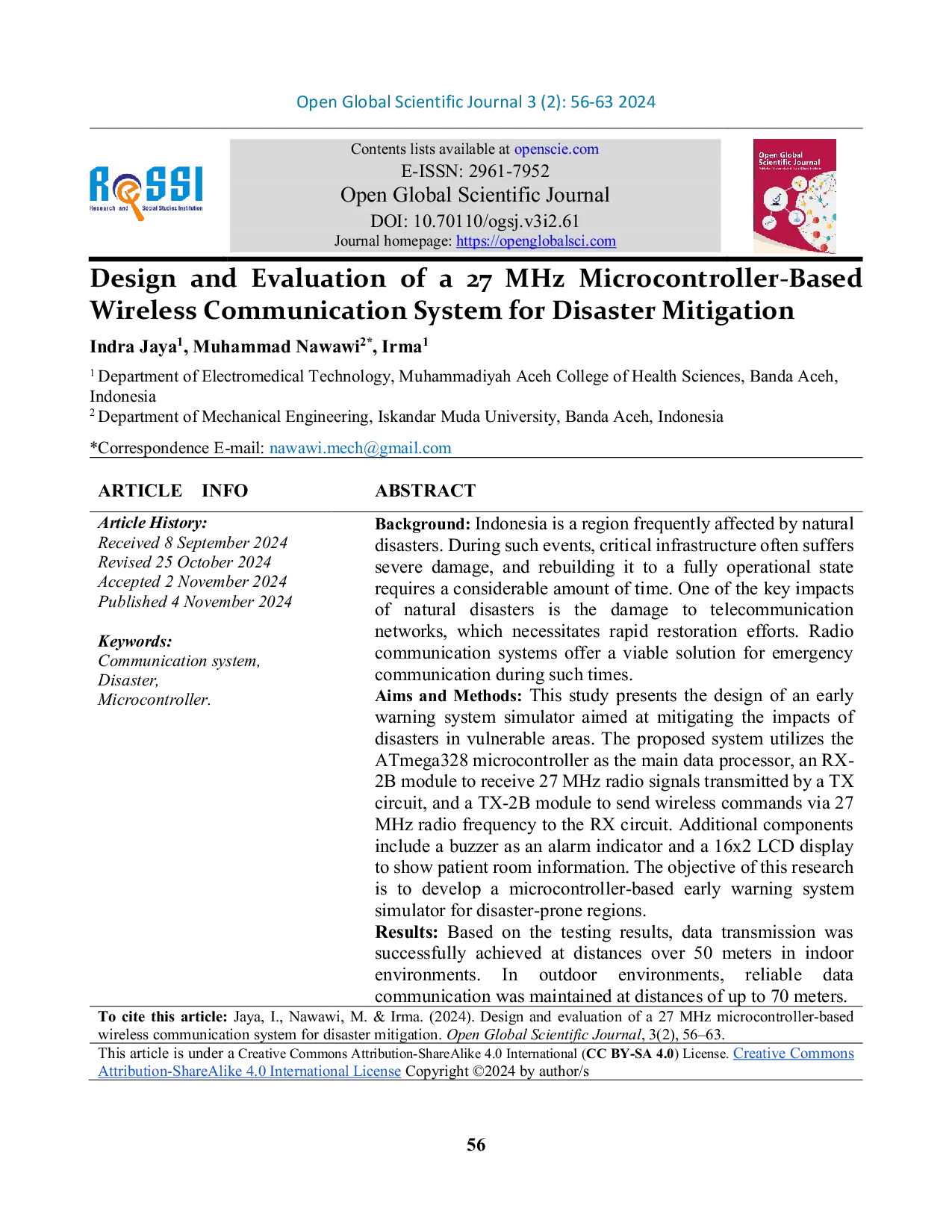 JURIS Design and Evaluation of a 27 MHz Microcontroller Based Wireless Communication System for Disaster Mitigation