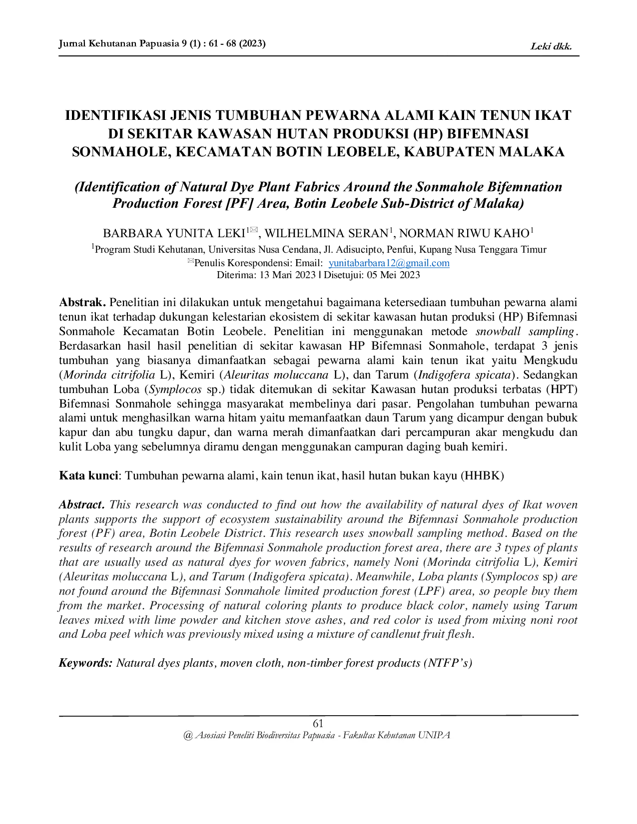 JURIS Identifikasi Jenis Tumbuhan Pewarna Alami Kain Tenun Ikat Di Sekitar Kawasan Hutan Produksi HP Bifemnasi Sonmahole Kecamatan Botin Leobele Kabupaten Malaka