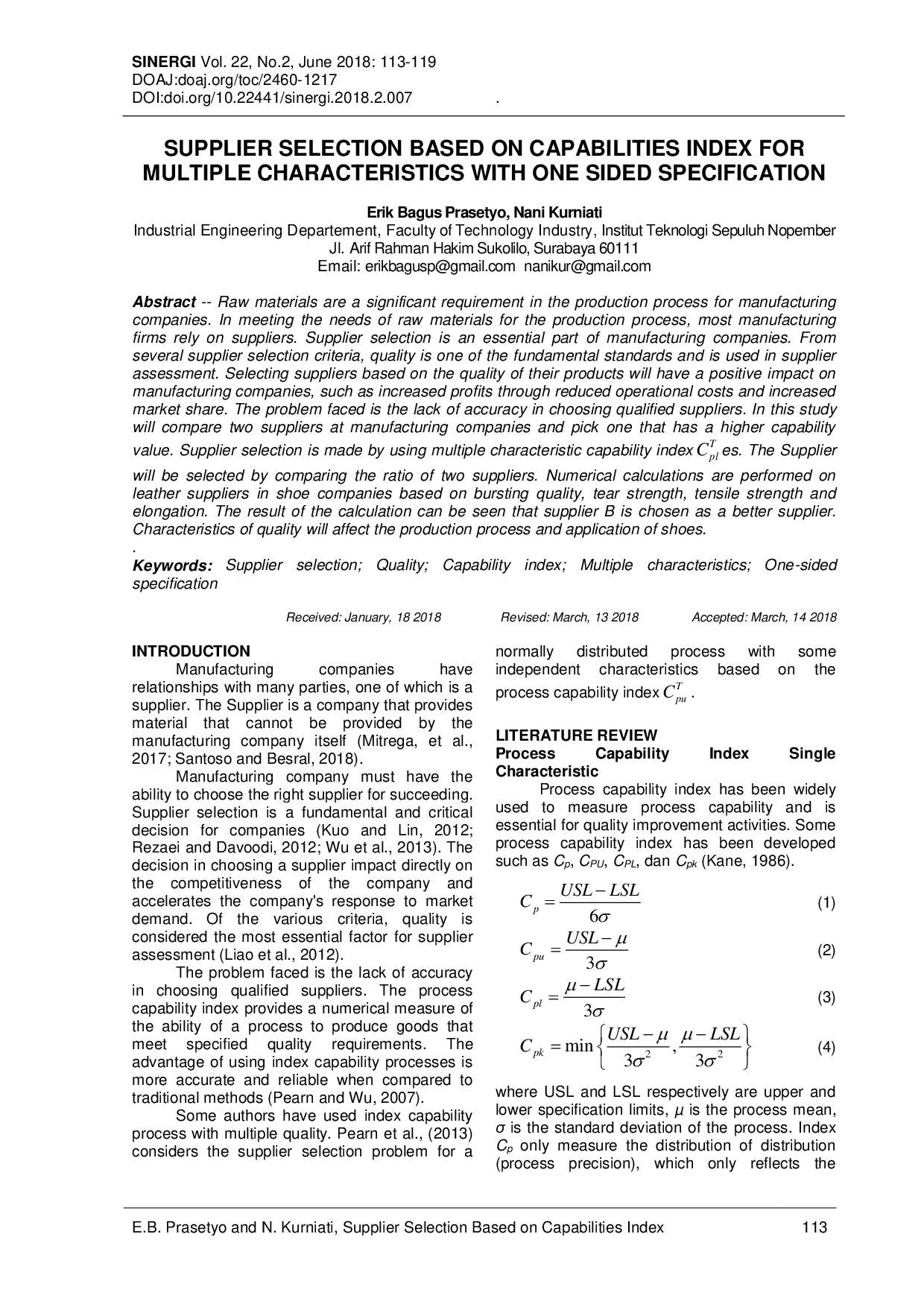 JURIS Supplier Selection Based on Capabilities Index for Multiple Characteristics With One Sided Specification