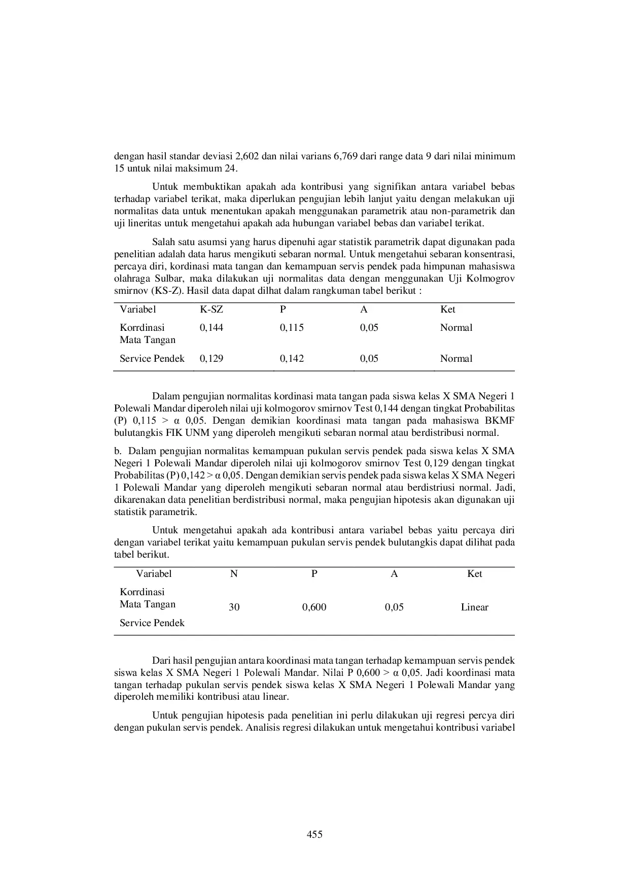 JURIS Koordinasi Mata Tangan Terhadap Keterampilan Servis Pendek Dalam Permainan Bulutangkis Siswa Kelas X SMA Negeri 1 Polewali Mandar