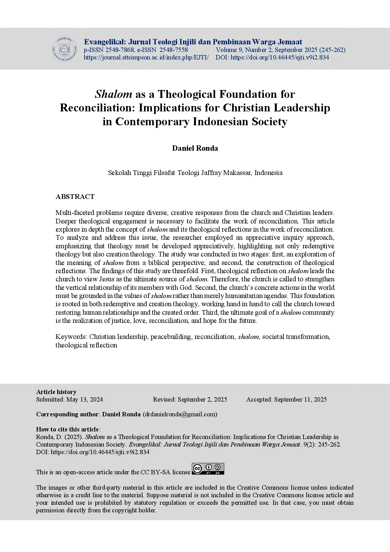 juris Shalom as a Theological Foundation for Reconciliation Implications for Christian Leadership in Contemporary Indonesian Society