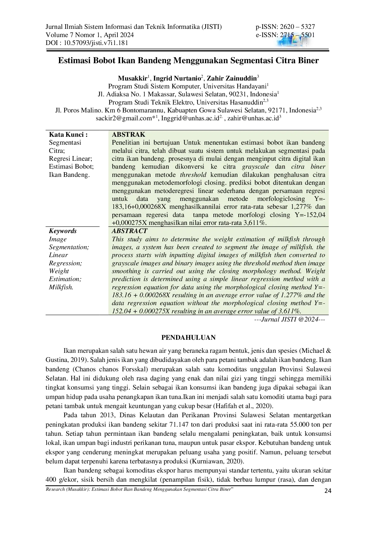 JURIS Estimasi Bobot Ikan Bandeng Menggunakan Segmentasi Citra Biner