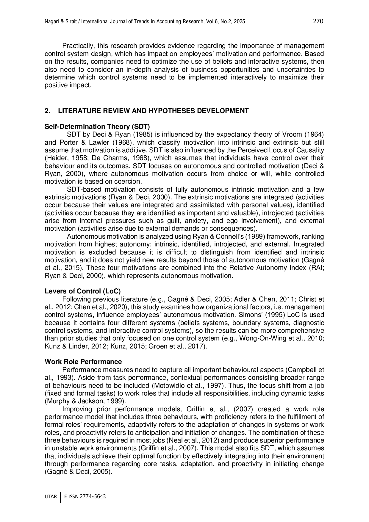 JURIS Performance Management in Practice How Levers of Control and Autonomous Motivation Affect Work Role Performance