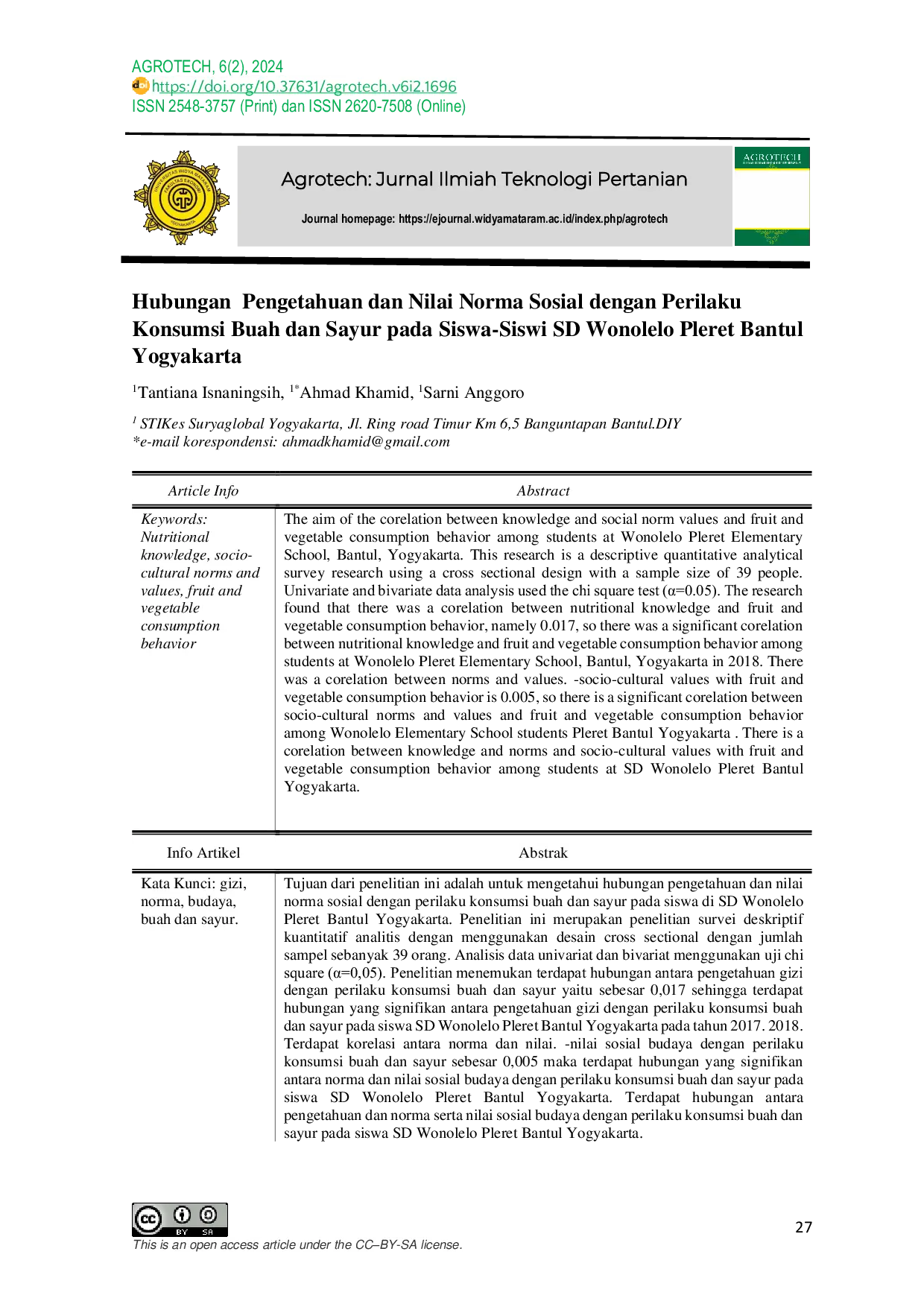 JURIS Hubungan Pengetahuan Dan Nilai Norma Sosial Dengan Perilaku Konsumsi Buah Dan Sayur Pada Siswa Siswi Sd Wonolelo Pleret Bantul Yogyakarta