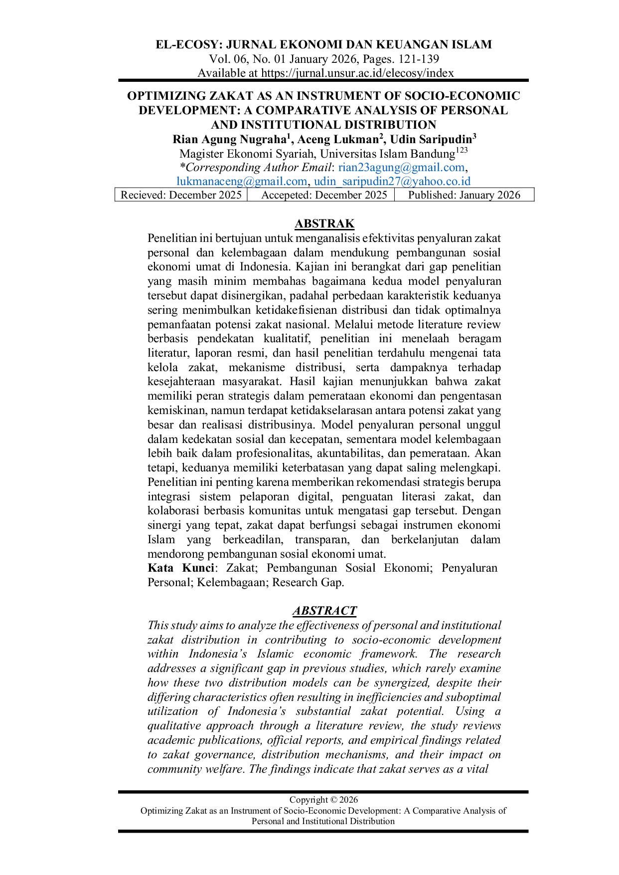 JURIS Optimizing Zakat As An Instrument Of Socio Economic Development A Comparative Analysis Of Personal And Institutional Distribution