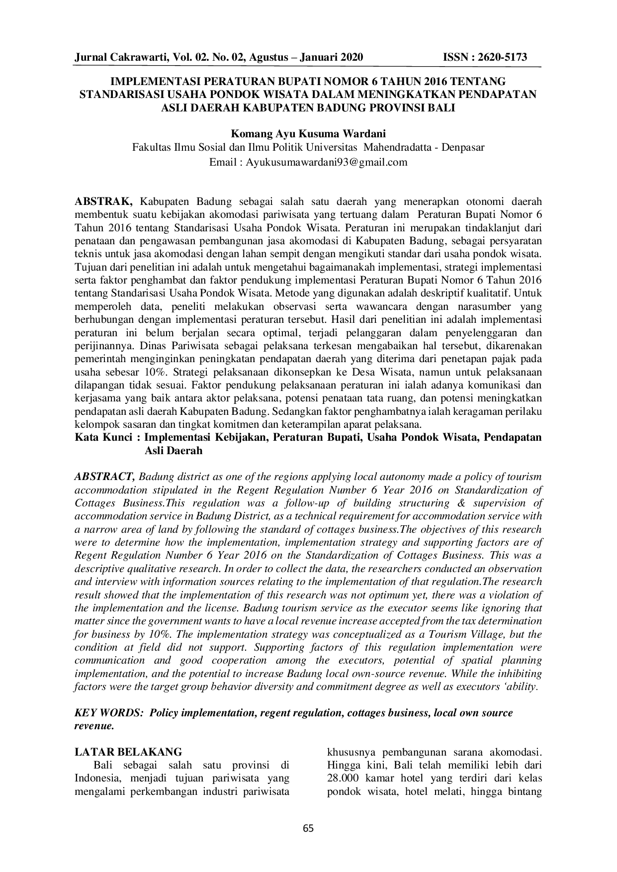 JURIS Implementasi Peraturan Bupati Nomor 6 Tahun 2016 Tentang Standarisasi Usaha Pondok Wisata Dalam Meningkatkan Pendapatan Asli Daerah Kabupaten Badung Provinsi Bali