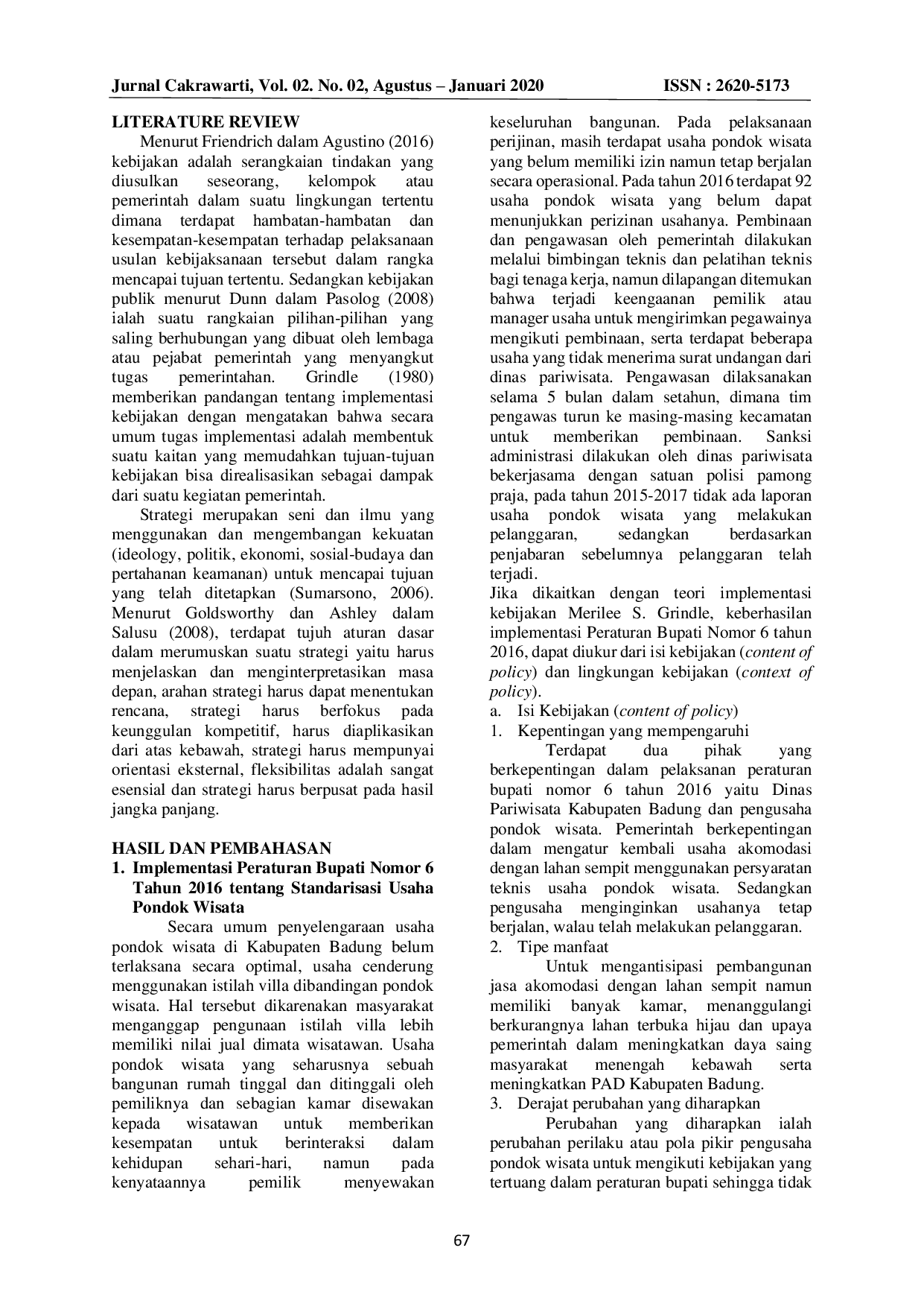 JURIS Implementasi Peraturan Bupati Nomor 6 Tahun 2016 Tentang Standarisasi Usaha Pondok Wisata Dalam Meningkatkan Pendapatan Asli Daerah Kabupaten Badung Provinsi Bali