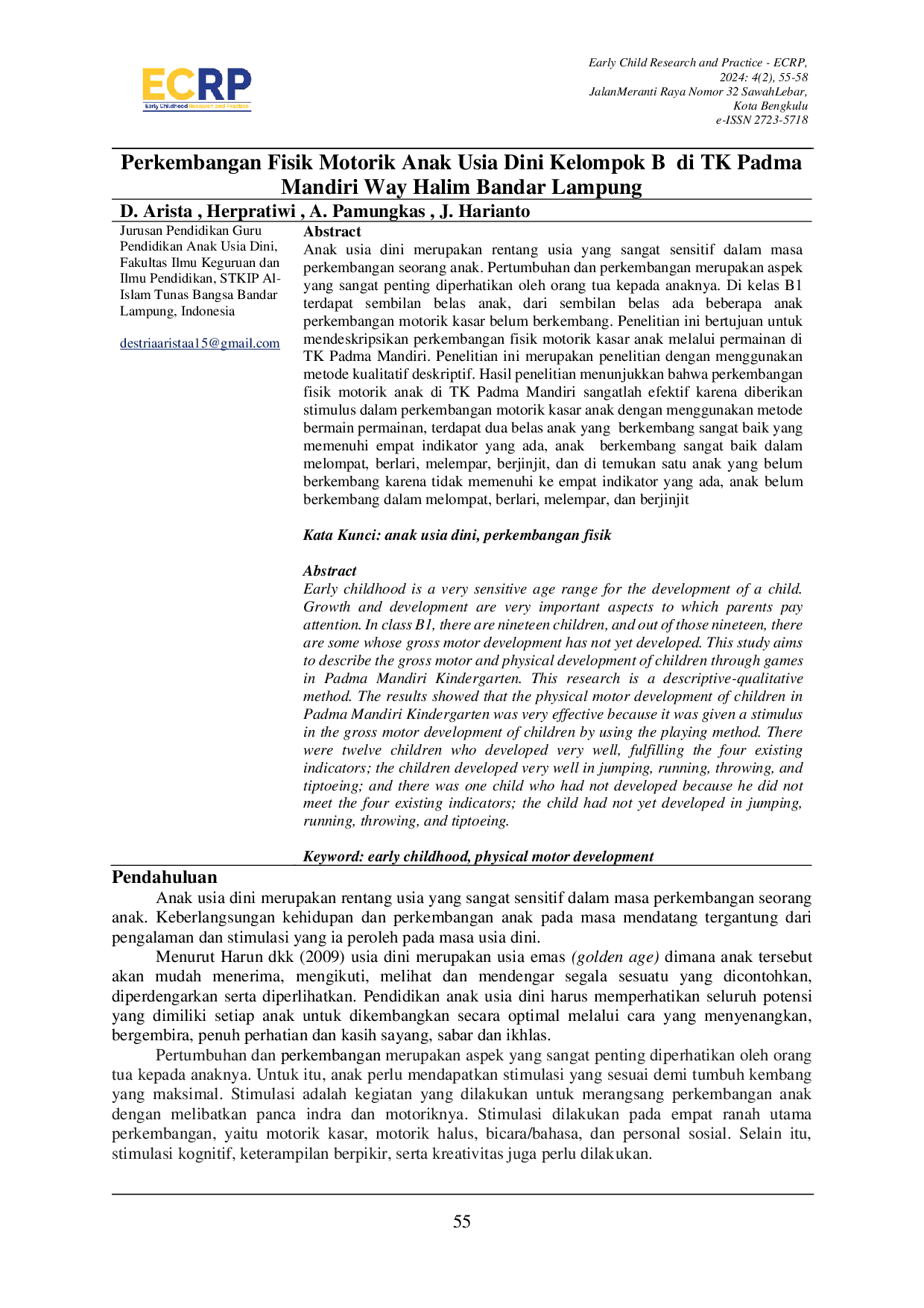 JURIS Perkembangan Fisik Motorik Anak Usia Dini Kelompok B di TK Padma Mandiri Way Halim Bandar Lampung