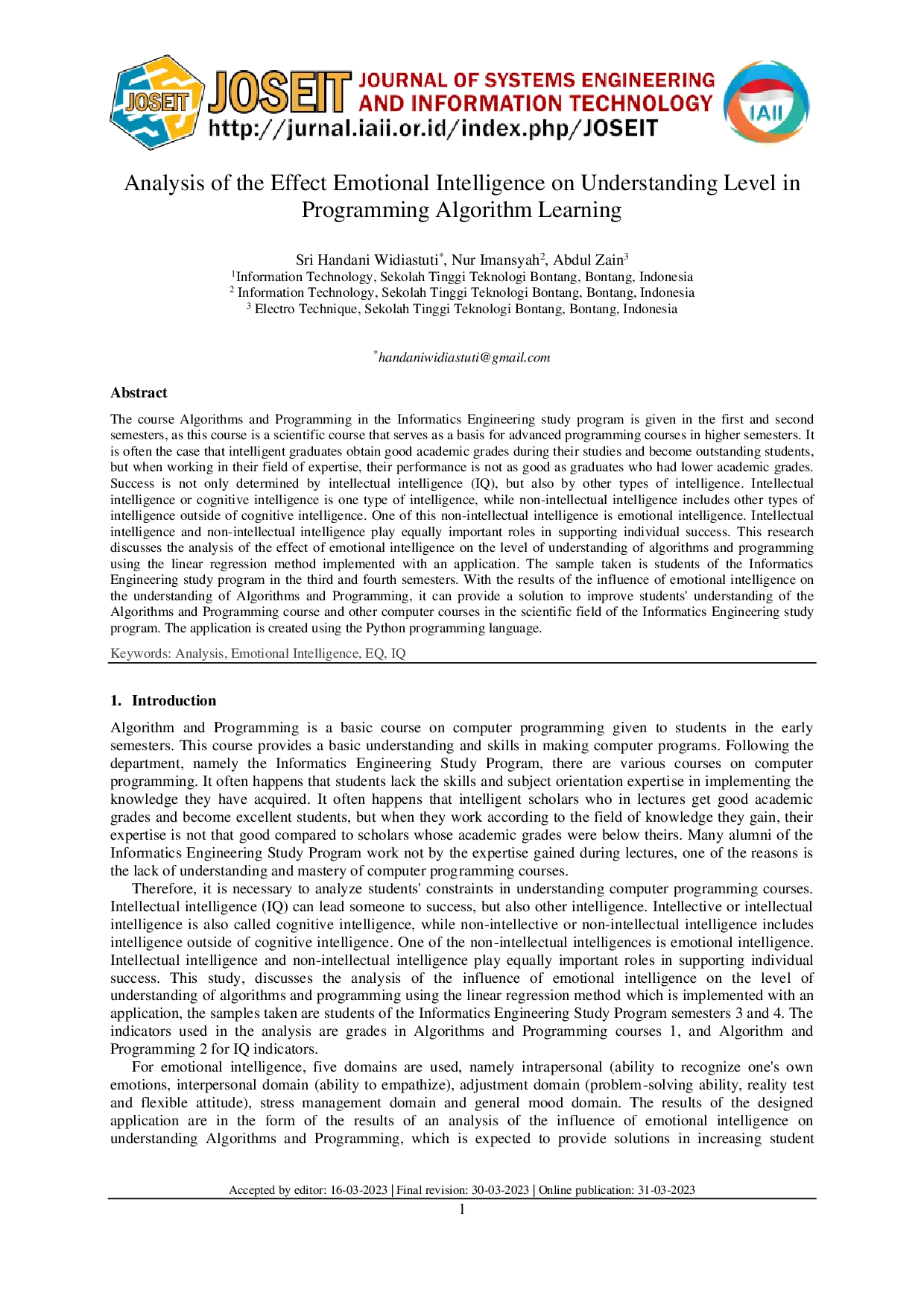 JURIS Analysis of the Effect Emotional Intelligence on Understanding Level in Programming Algorithm Learning