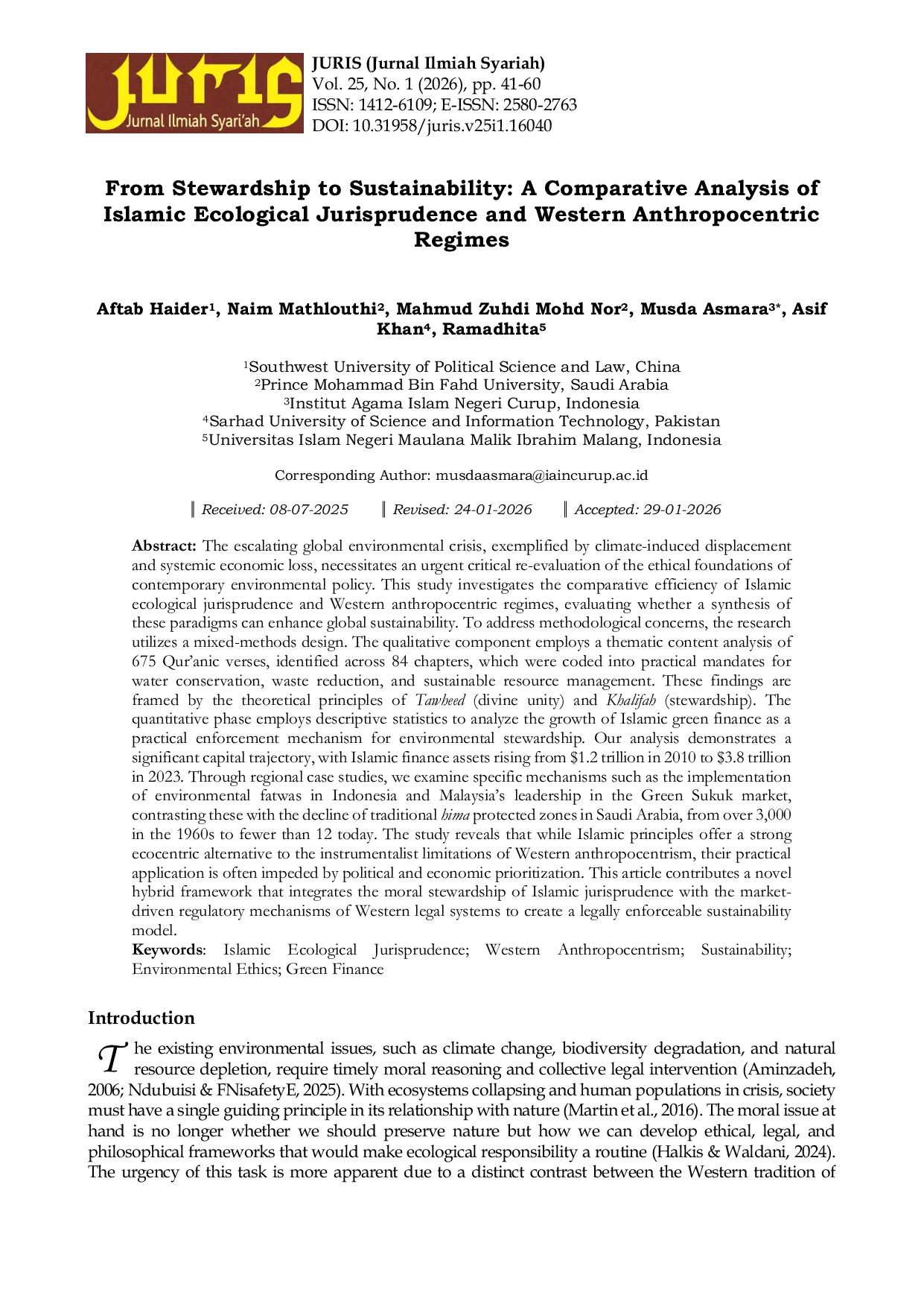 JURIS From Stewardship to Sustainability A Comparative Analysis of Islamic Ecological Jurisprudence and Western Anthropocentric Regimes