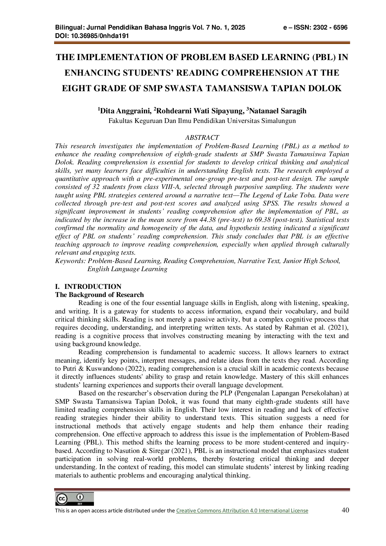 JURIS The Implementation of Problem Based Learning PBL In Enhancing Students Reading Comprehension at The Eight Grade of SMP Swasta Taman Siswa Tapian Dolok