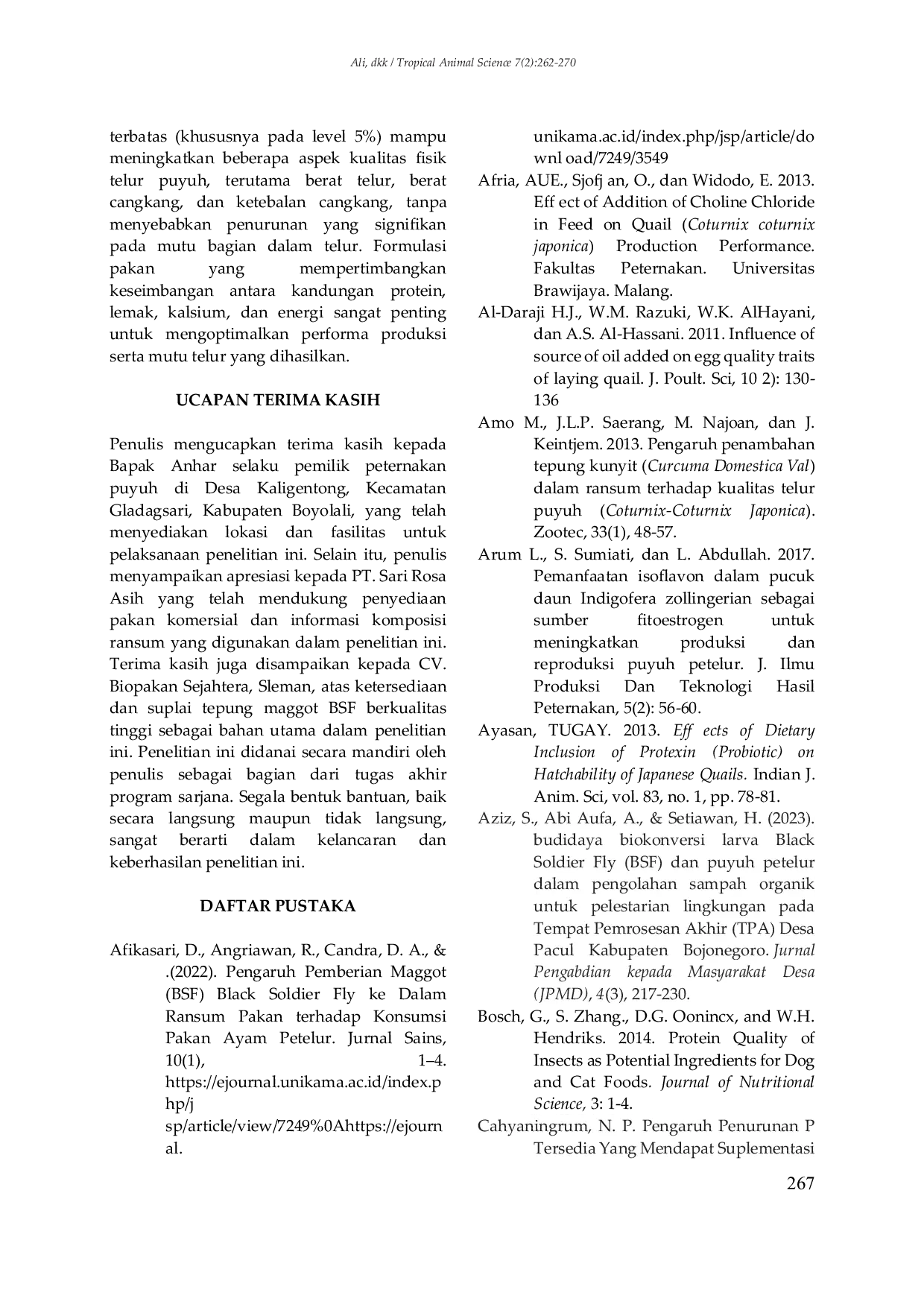 JURIS Efektivitas Penggunaan Tepung Maggot Black Soldier Fly BSF Sebagai Substitusi Sebagian Ransum Komersial Terhadap Kualitas Fisik Telur Puyuh Petelur