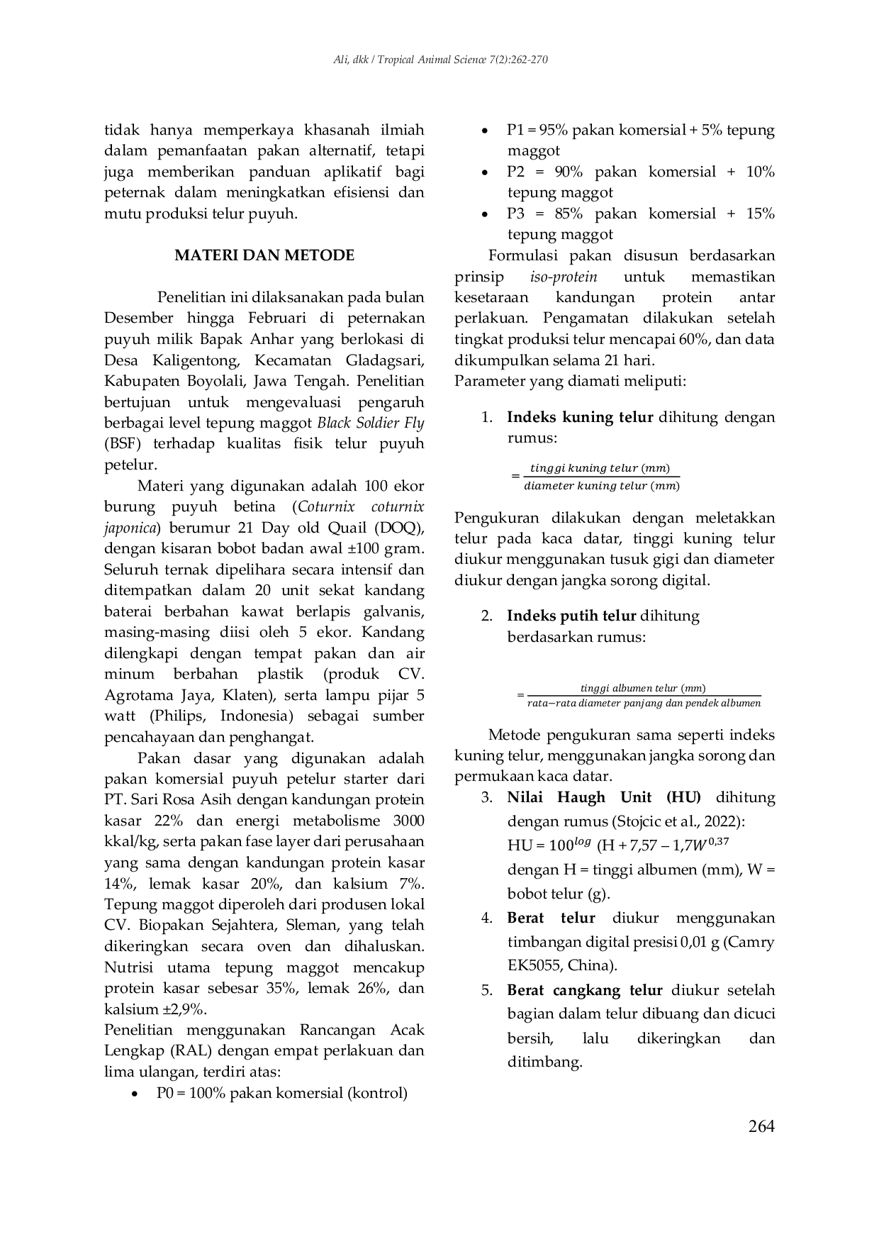 JURIS Efektivitas Penggunaan Tepung Maggot Black Soldier Fly BSF Sebagai Substitusi Sebagian Ransum Komersial Terhadap Kualitas Fisik Telur Puyuh Petelur