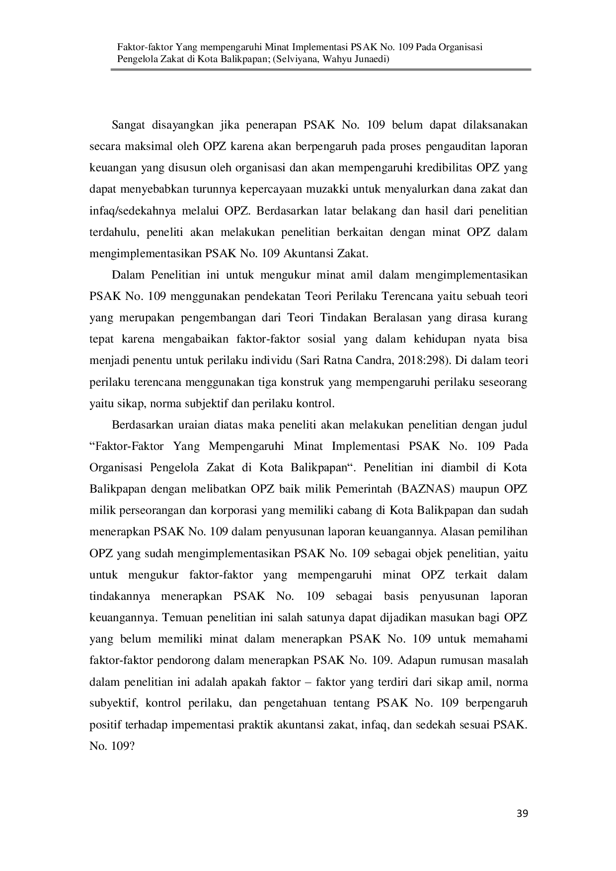 JURIS Faktor Faktor Yang Mempengaruhi Minat Implementasi PSAK No 109 Pada Organisasi Pengelola Zakat Di Kota Balikpapan