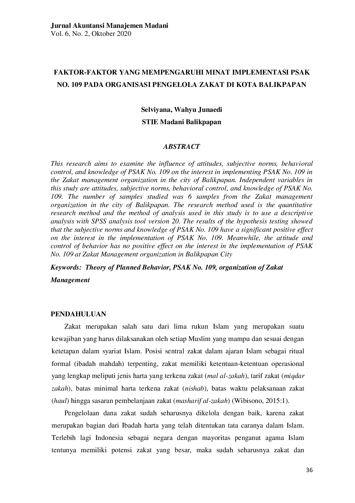 JURIS Faktor Faktor Yang Mempengaruhi Minat Implementasi PSAK No 109 Pada Organisasi Pengelola Zakat Di Kota Balikpapan